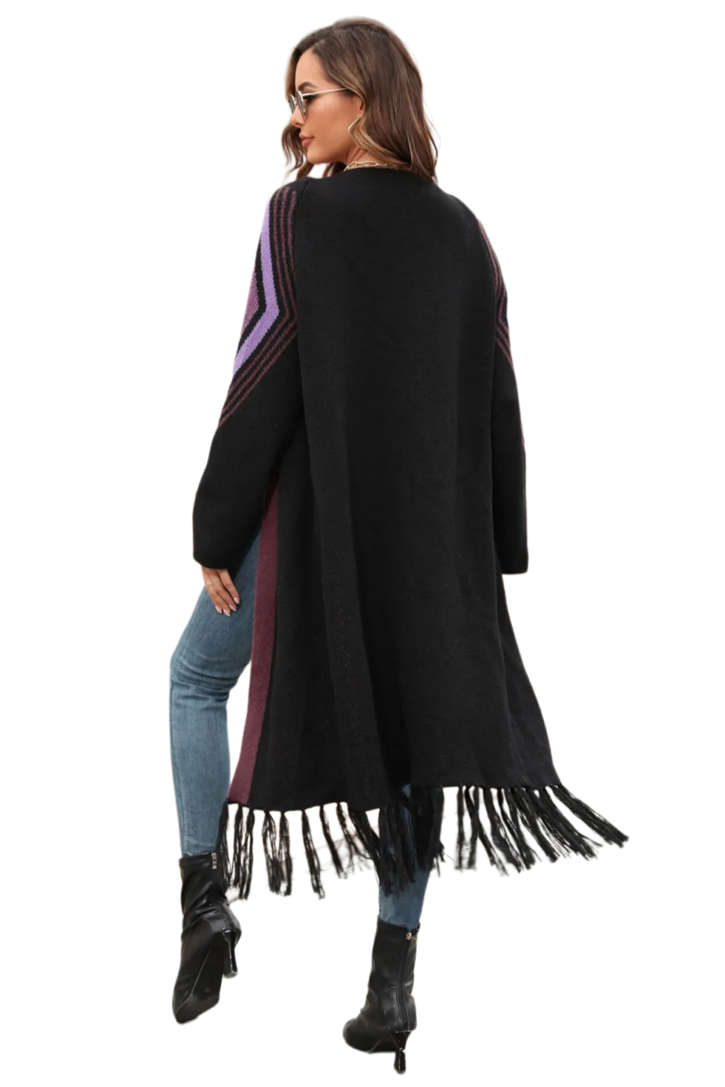 Double Take Geometric Fringe Hem Open Front Duster Cardigan