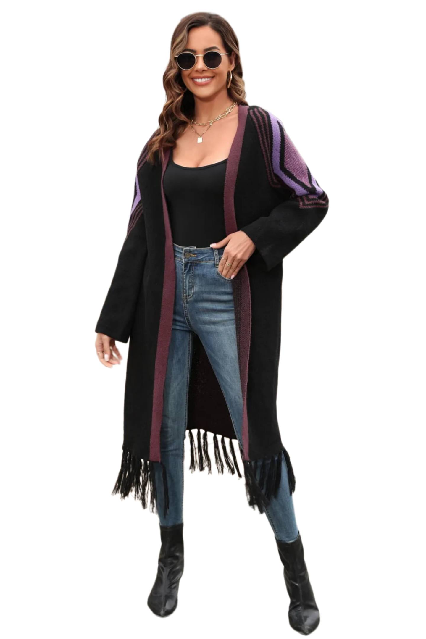 Double Take Geometric Fringe Hem Open Front Duster Cardigan