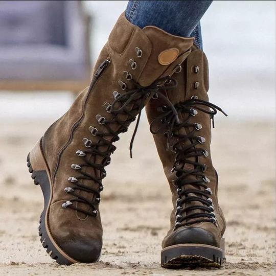 Large lace-up mid-tube women's leather boots