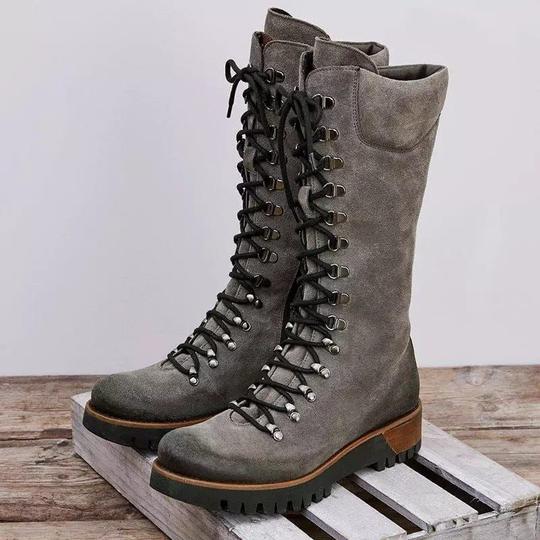 Large lace-up mid-tube women's leather boots