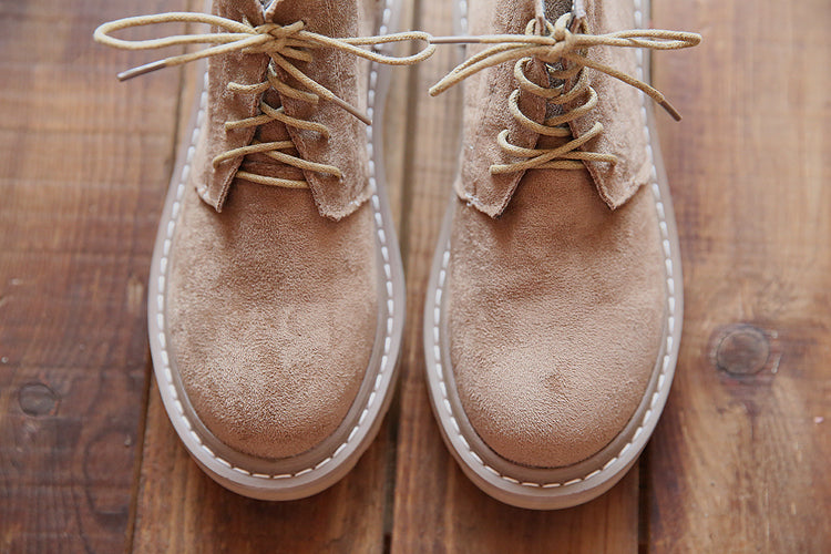 Vintage Suede Round Toe Lace-Up Ankle Boots