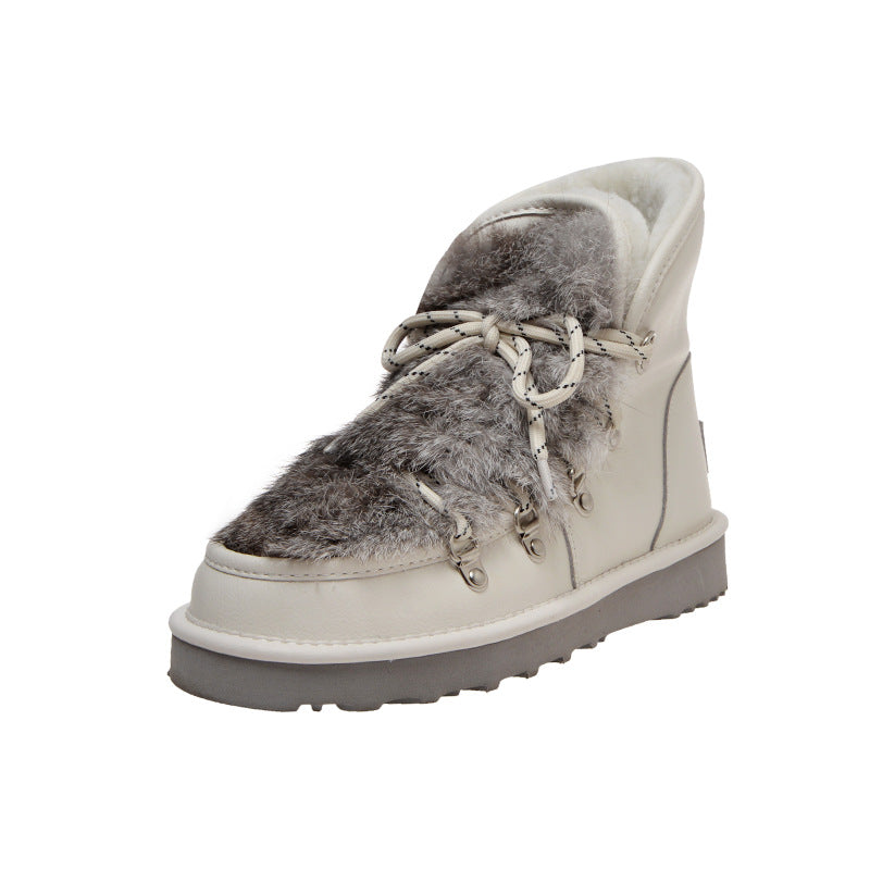 Rabbit fur lace-up snow boots
