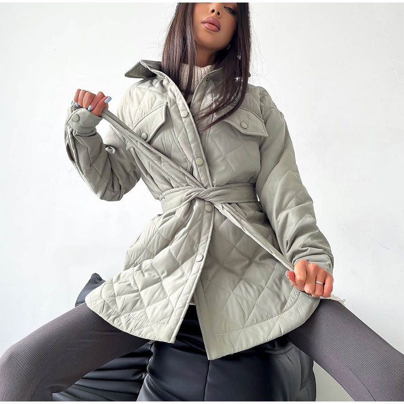 Long Breasted Lapel Loose Warm Lingge Cotton Jacket For Women