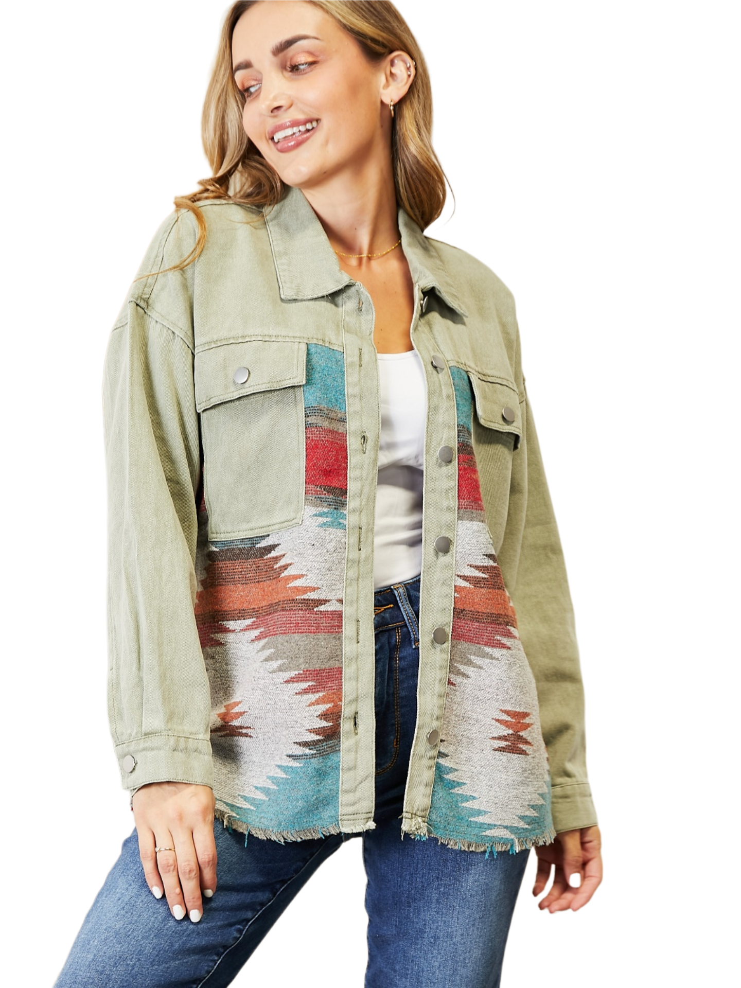 Dropped Shoulder Long Sleeve Printed Denim Jacket