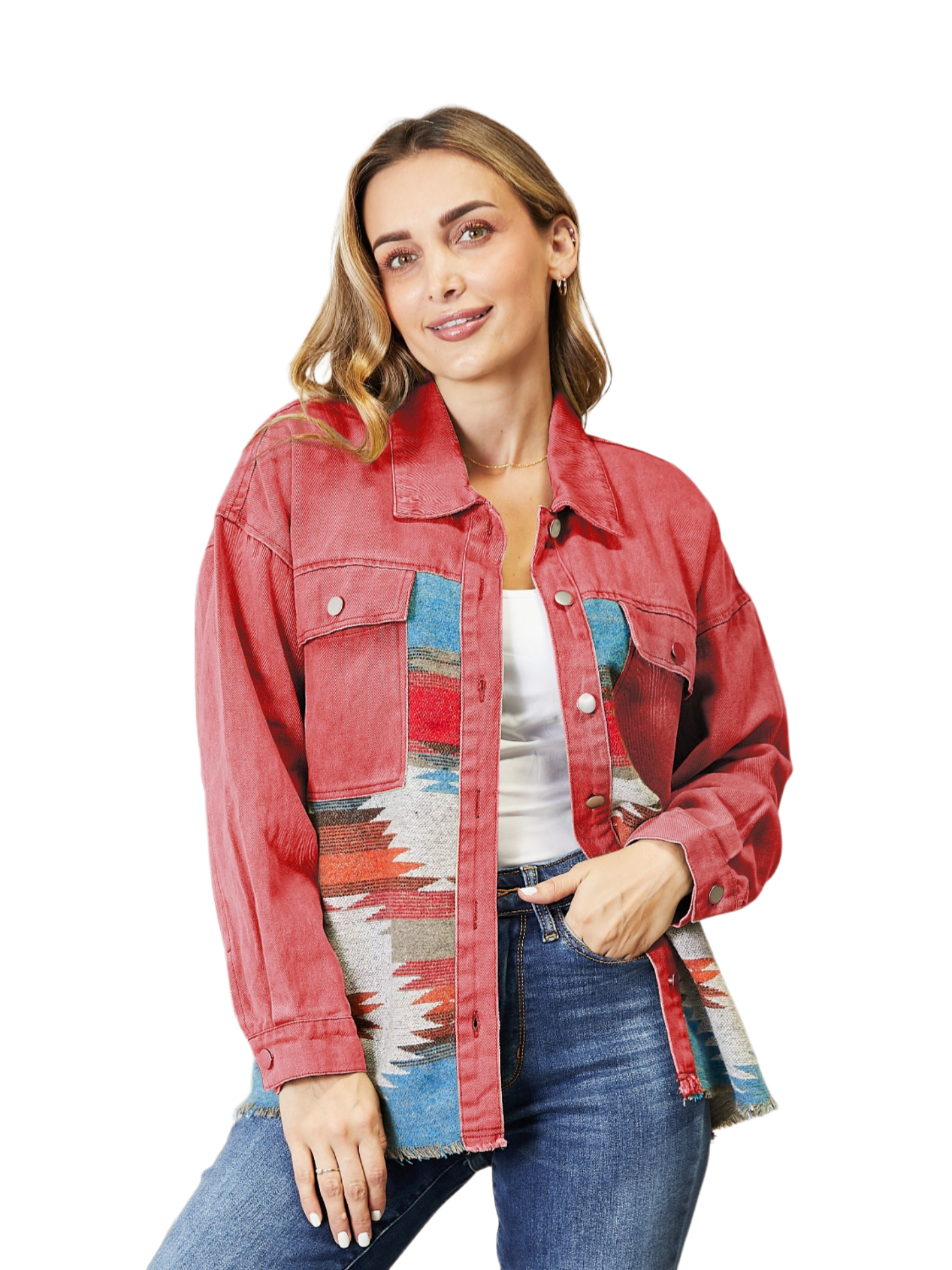 Dropped Shoulder Long Sleeve Printed Denim Jacket