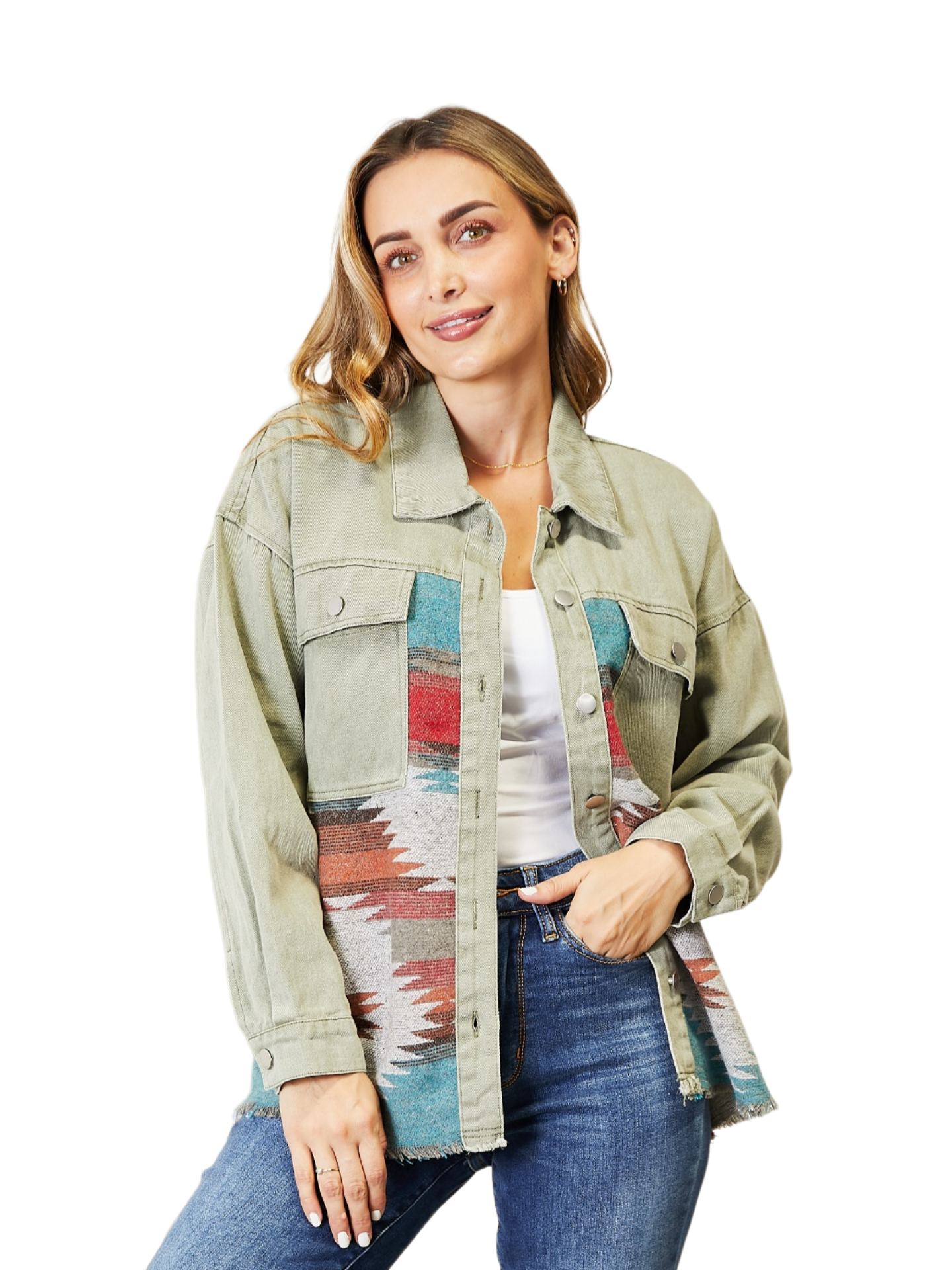 Dropped Shoulder Long Sleeve Printed Denim Jacket