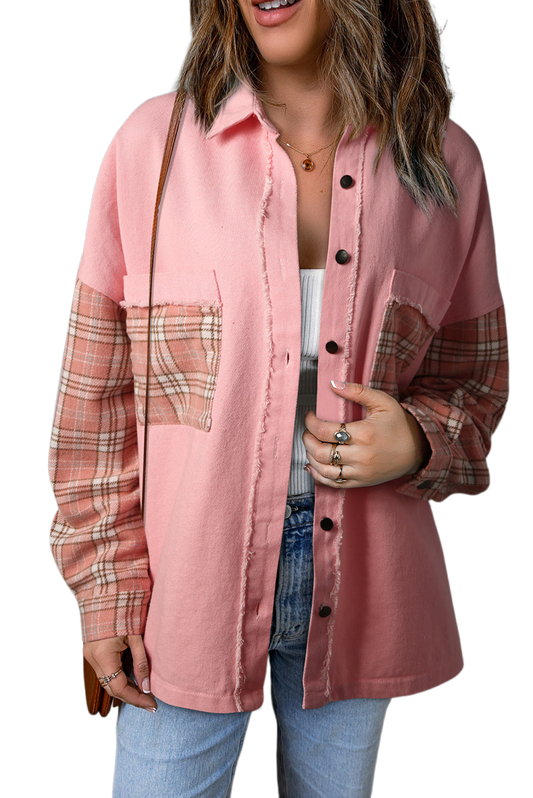 Double Take Plaid Raw Trim Shacket