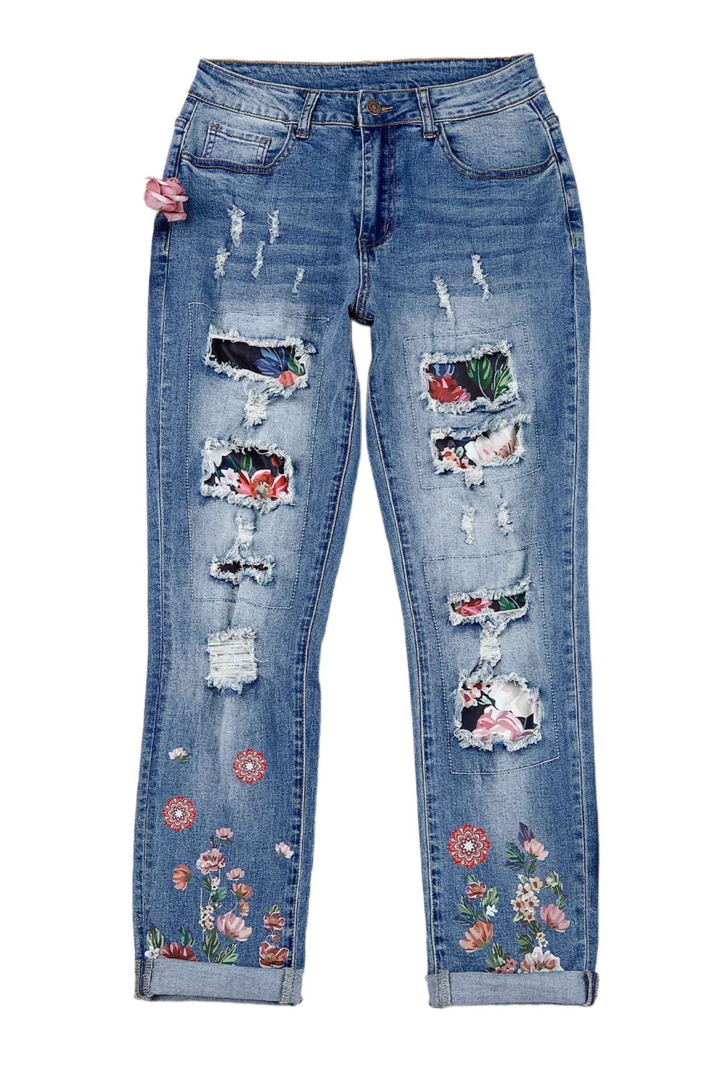 Floral Graphic Patchwork Distressed Jeans