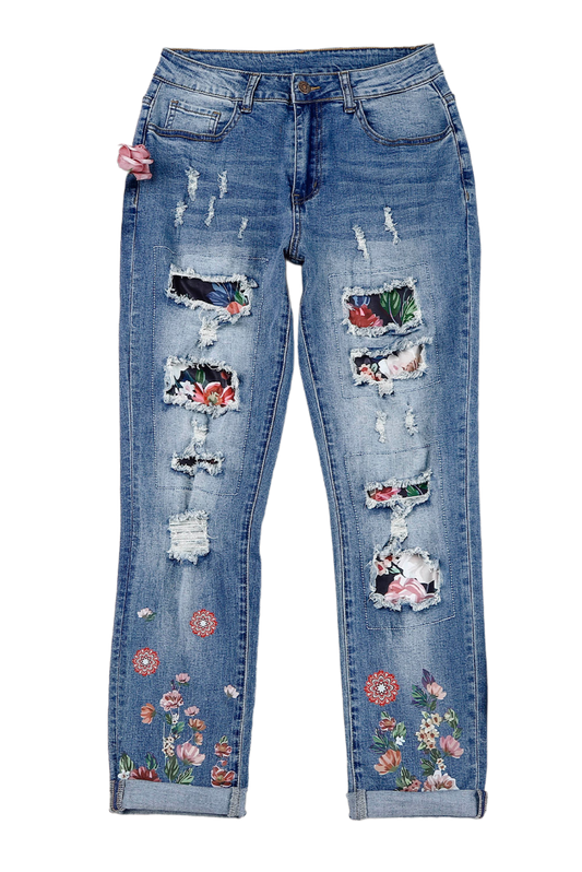 Floral Graphic Patchwork Distressed Jeans