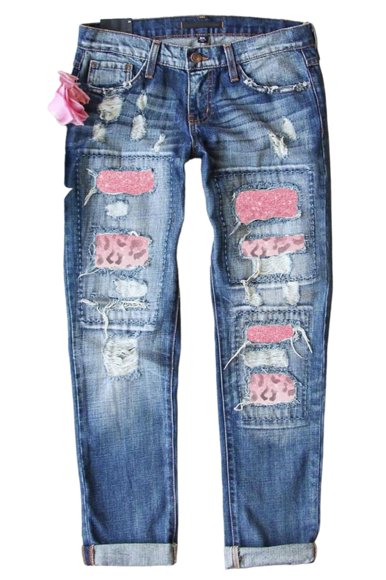 Leopard Patch Distressed Straight Leg Jeans