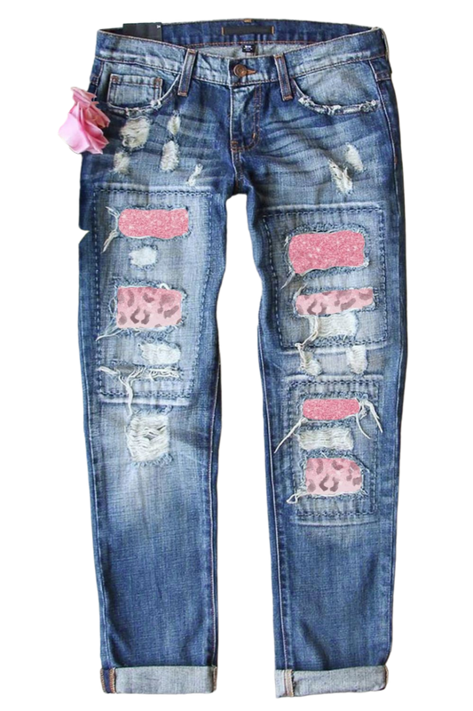 Leopard Patch Distressed Straight Leg Jeans