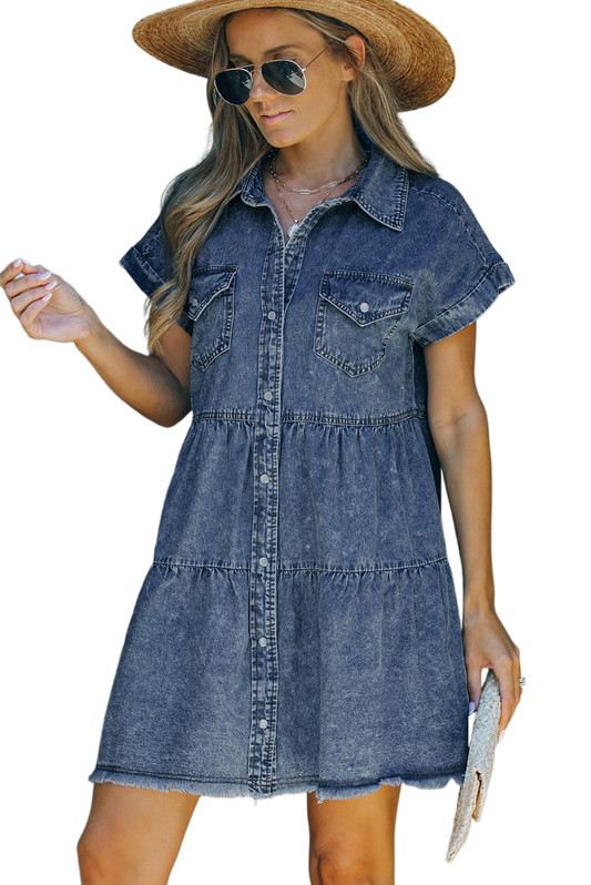 Button Front Raw Hem Denim Dress