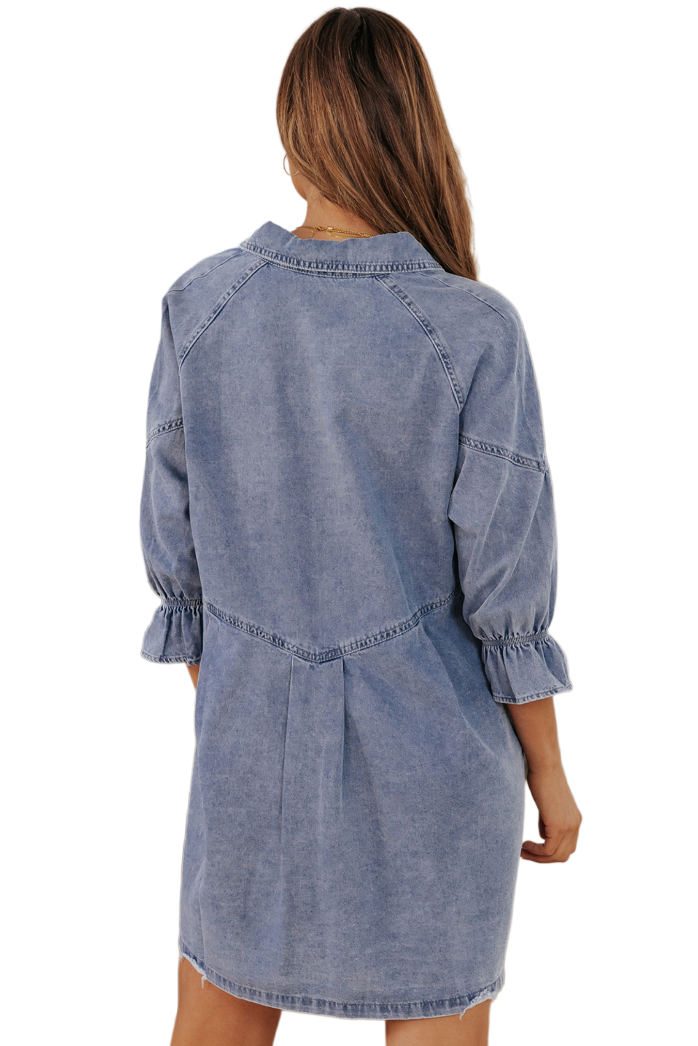 Collared Neck Flounce Sleeve Denim Mini Dress
