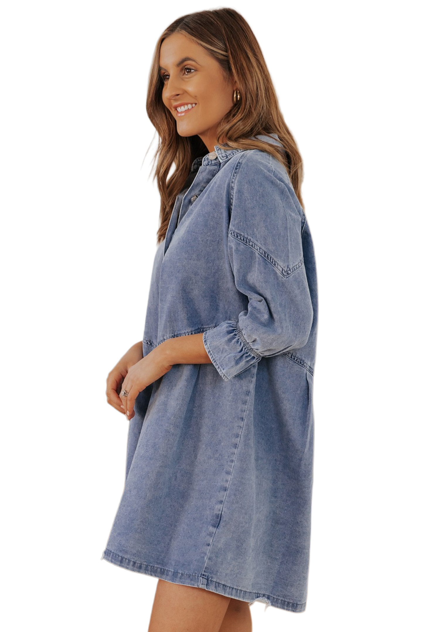 Collared Neck Flounce Sleeve Denim Mini Dress