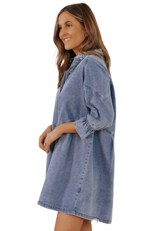 Collared Neck Flounce Sleeve Denim Mini Dress