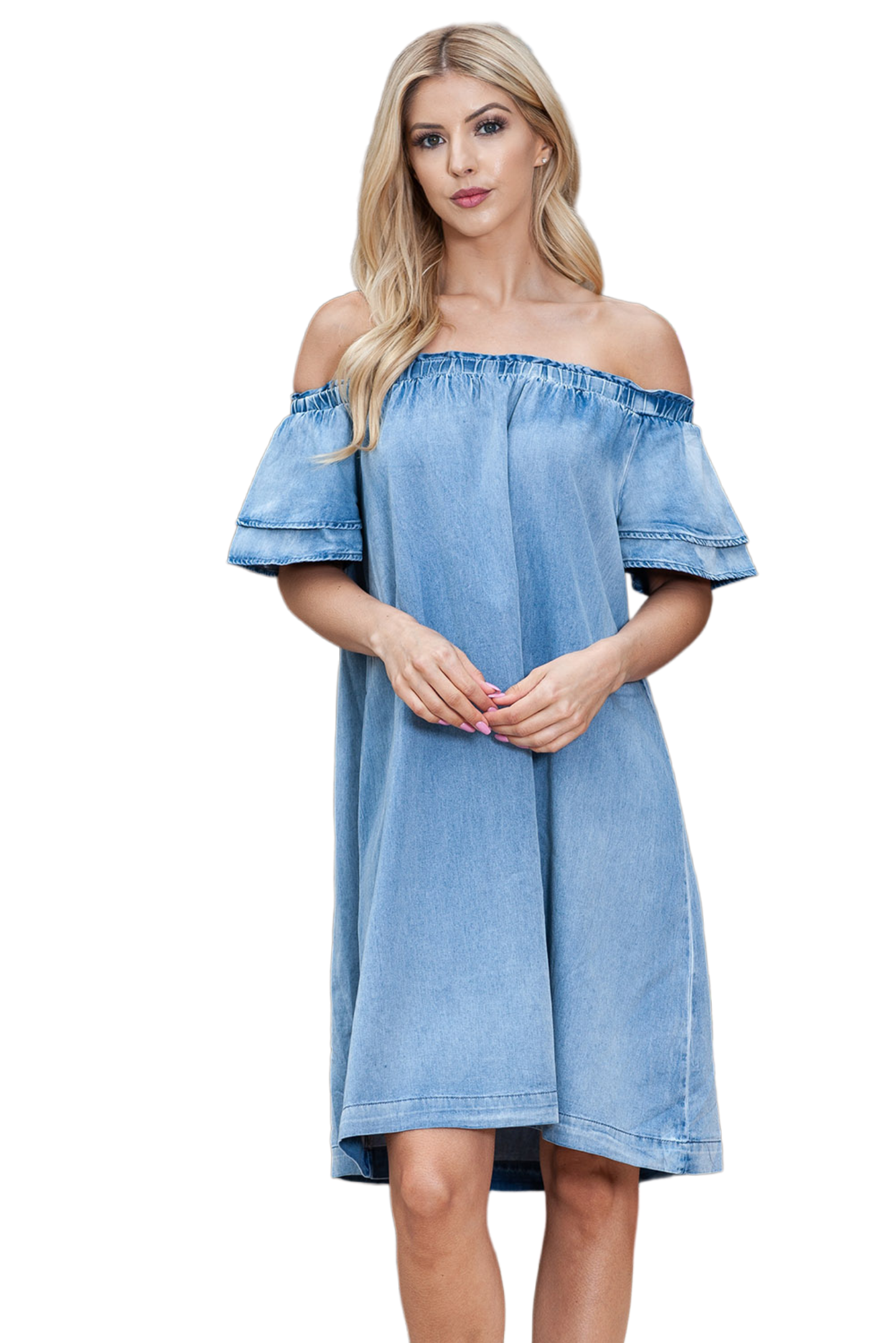 Off-Shoulder Knee-Length Denim Dress