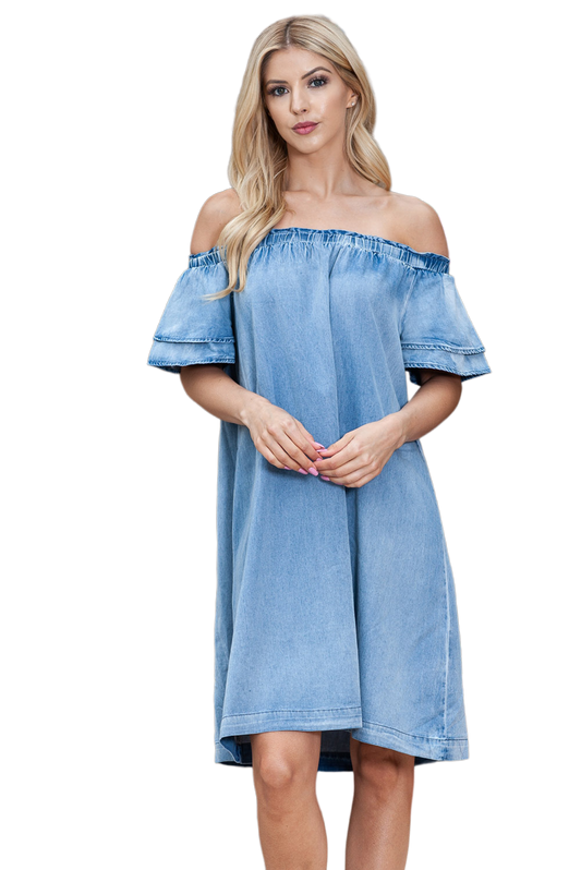 Off-Shoulder Knee-Length Denim Dress