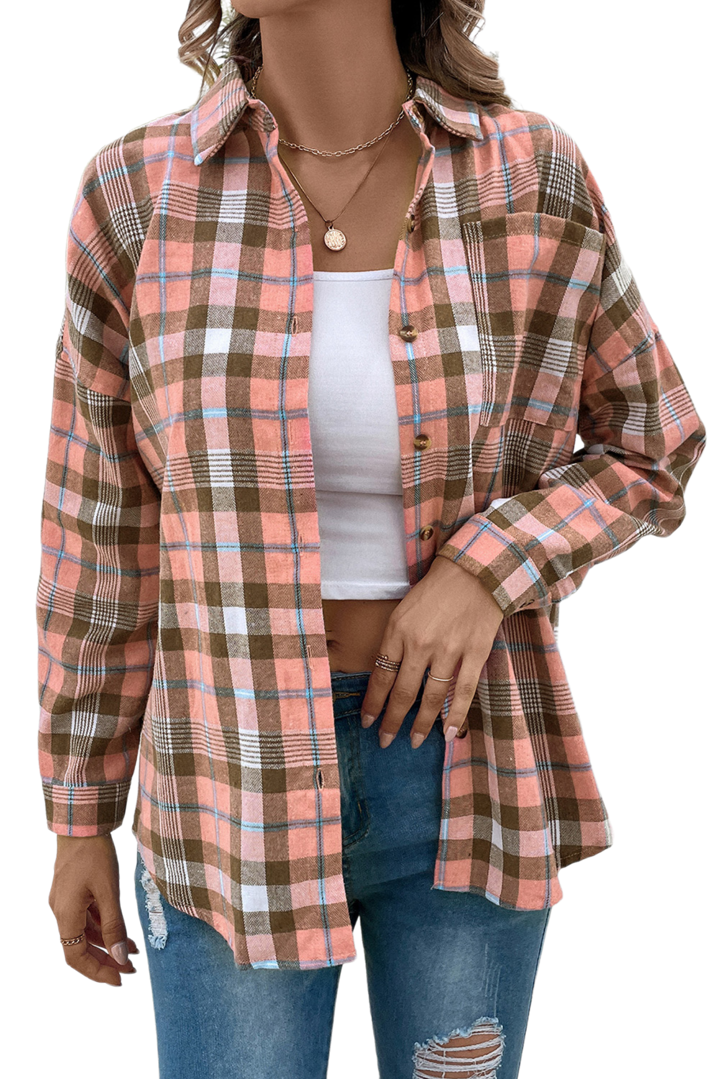 Plaid Collared Neck Long Sleeve Button-Up Shirt