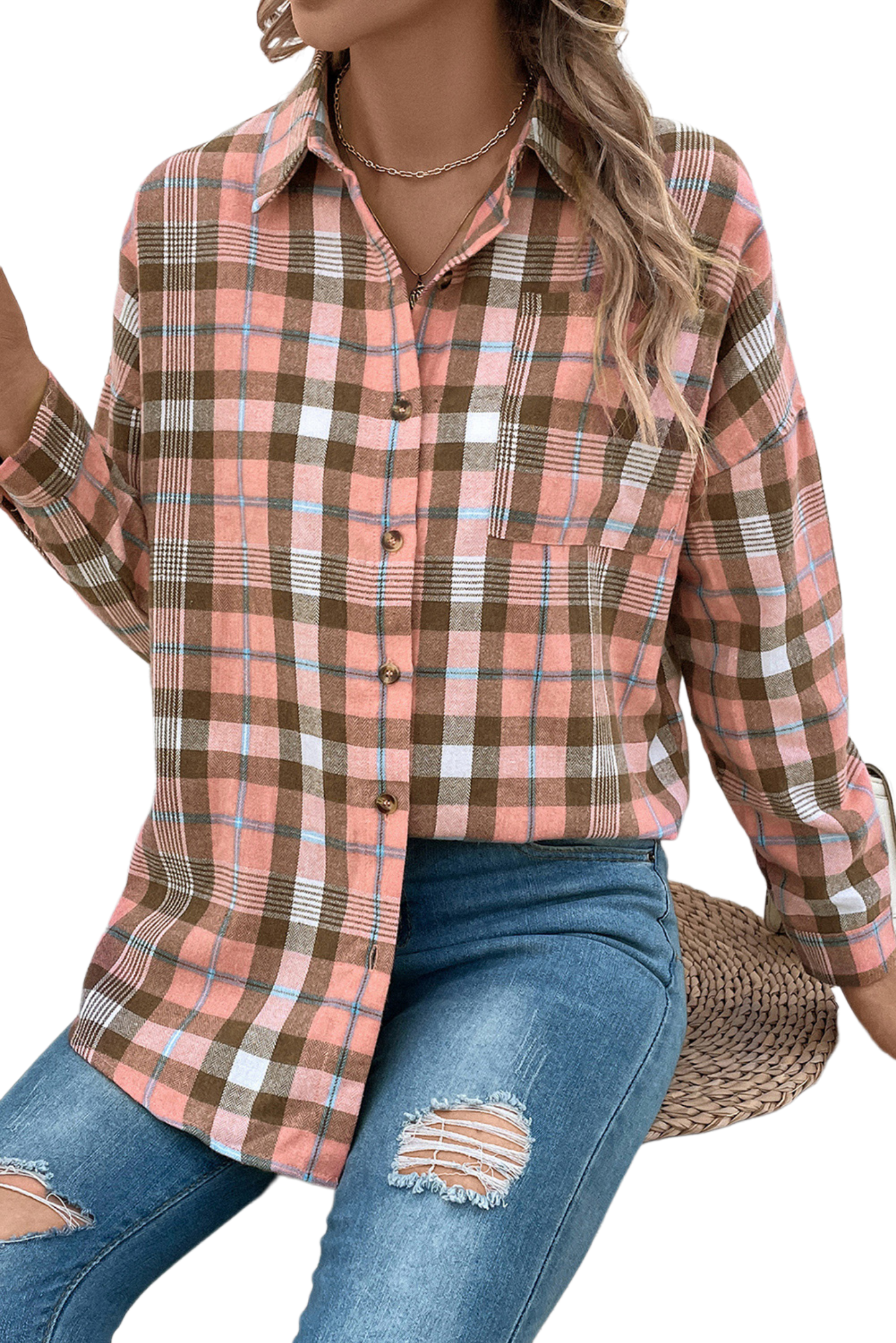 Plaid Collared Neck Long Sleeve Button-Up Shirt