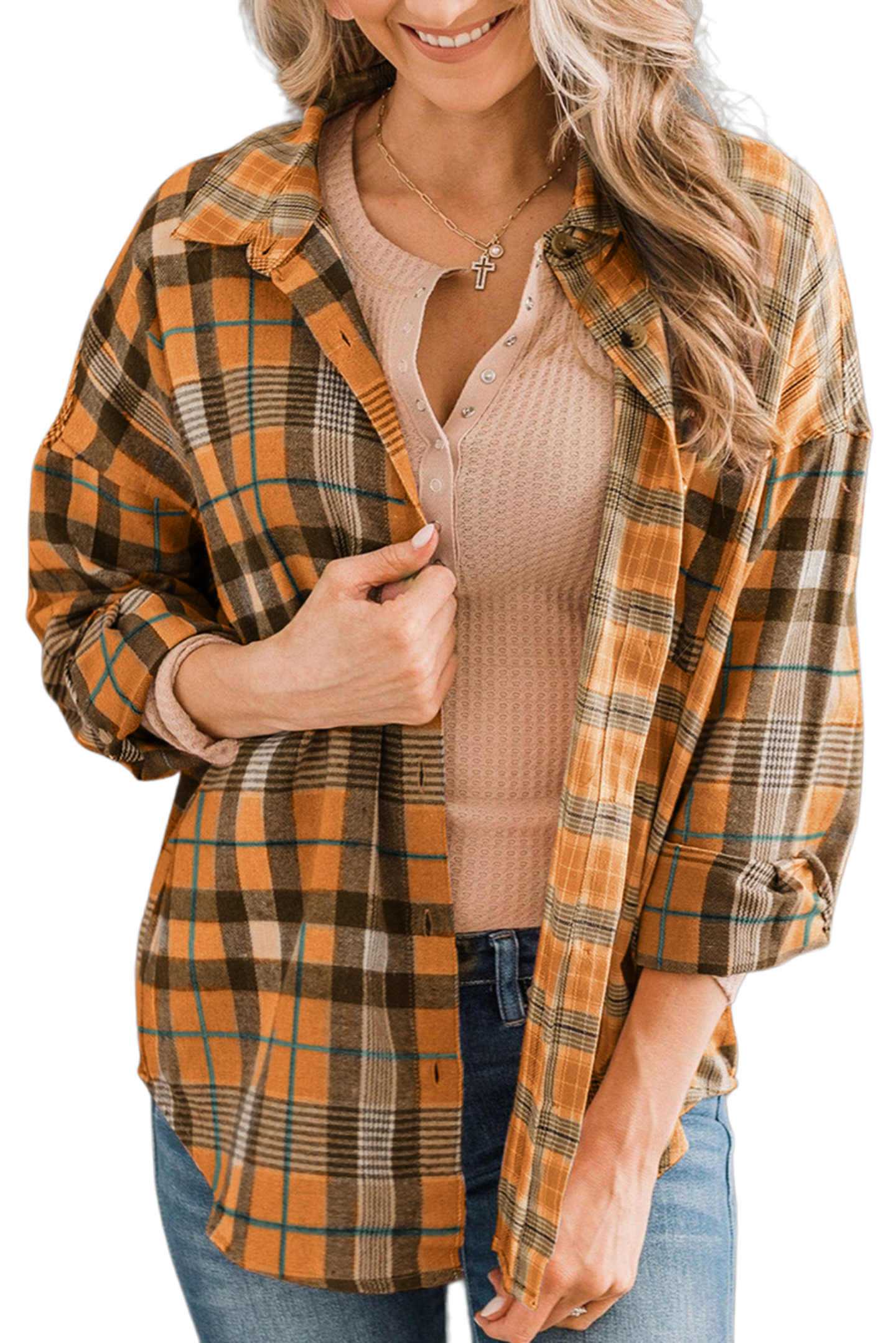 Plaid Collared Neck Long Sleeve Button-Up Shirt