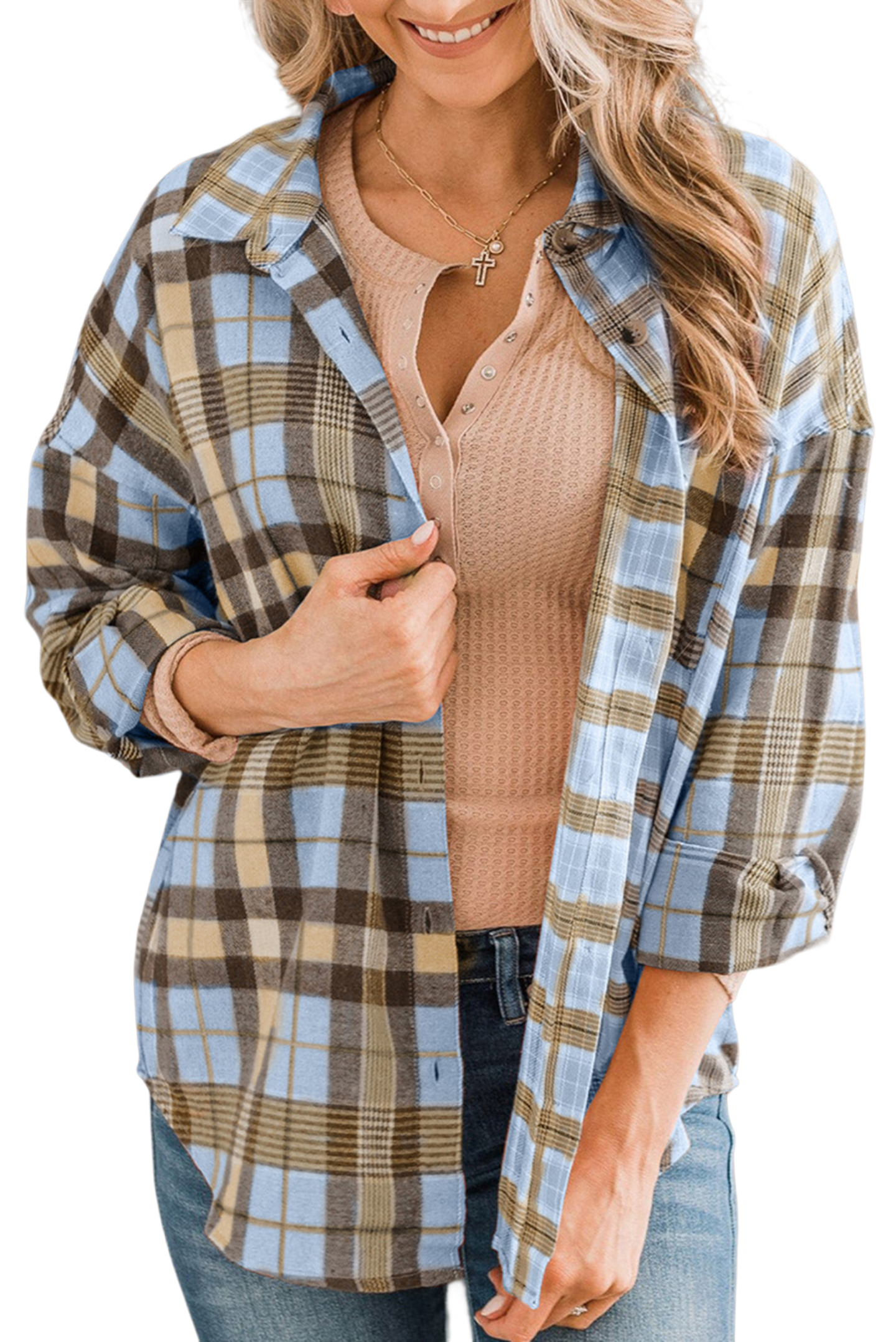 Plaid Collared Neck Long Sleeve Button-Up Shirt