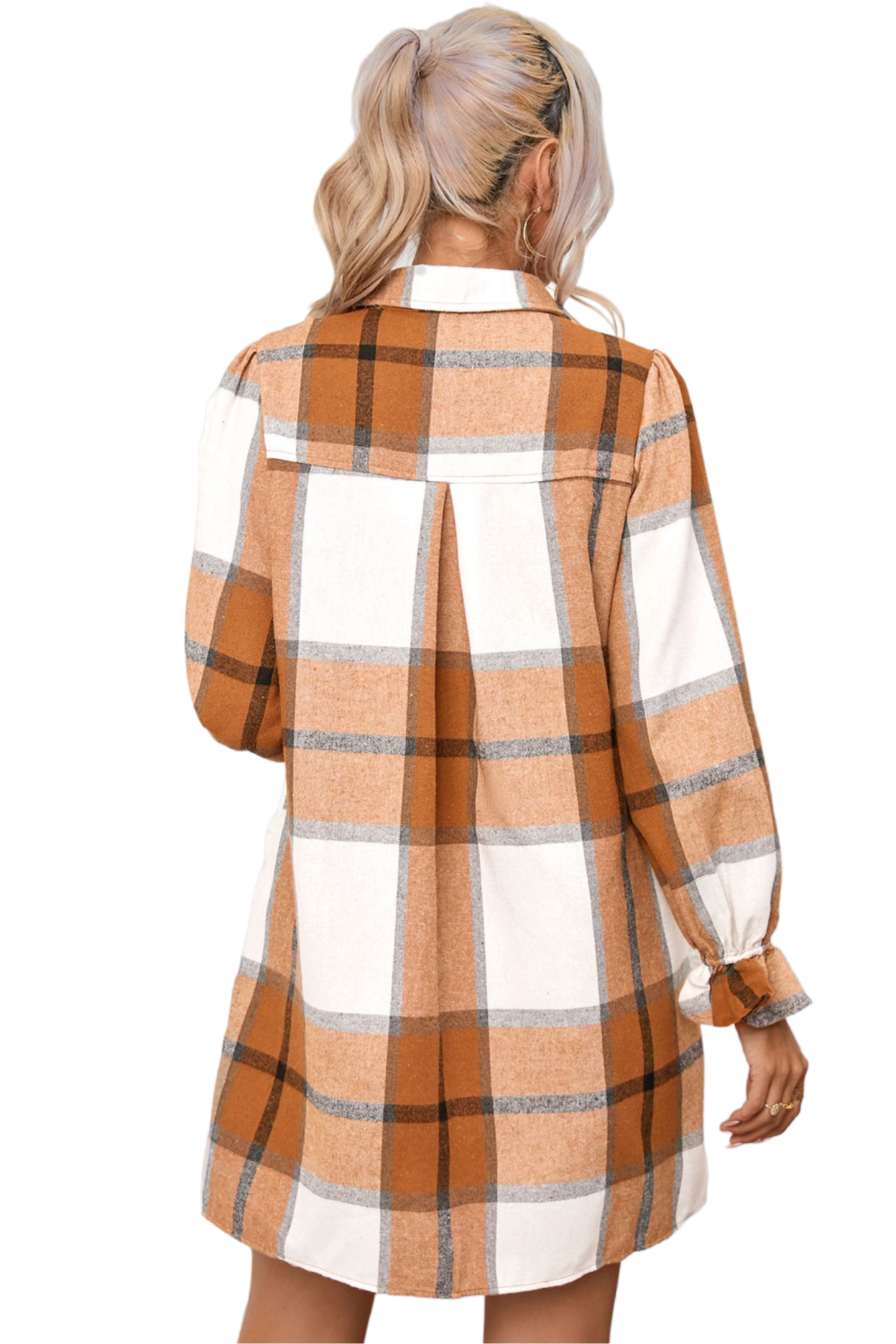 Plaid Collared Neck Flounce Sleeve Shirt Dress