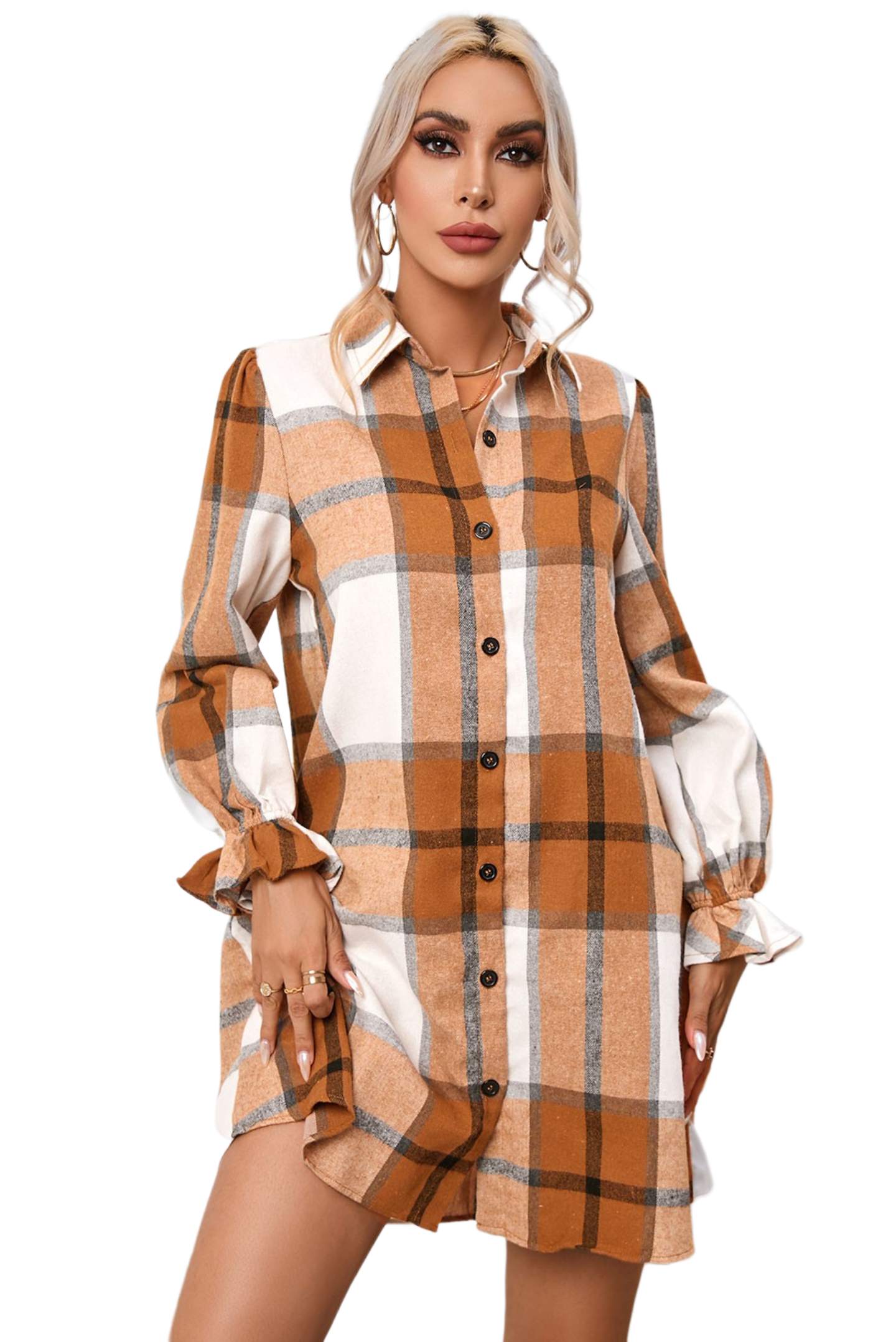 Plaid Collared Neck Flounce Sleeve Shirt Dress