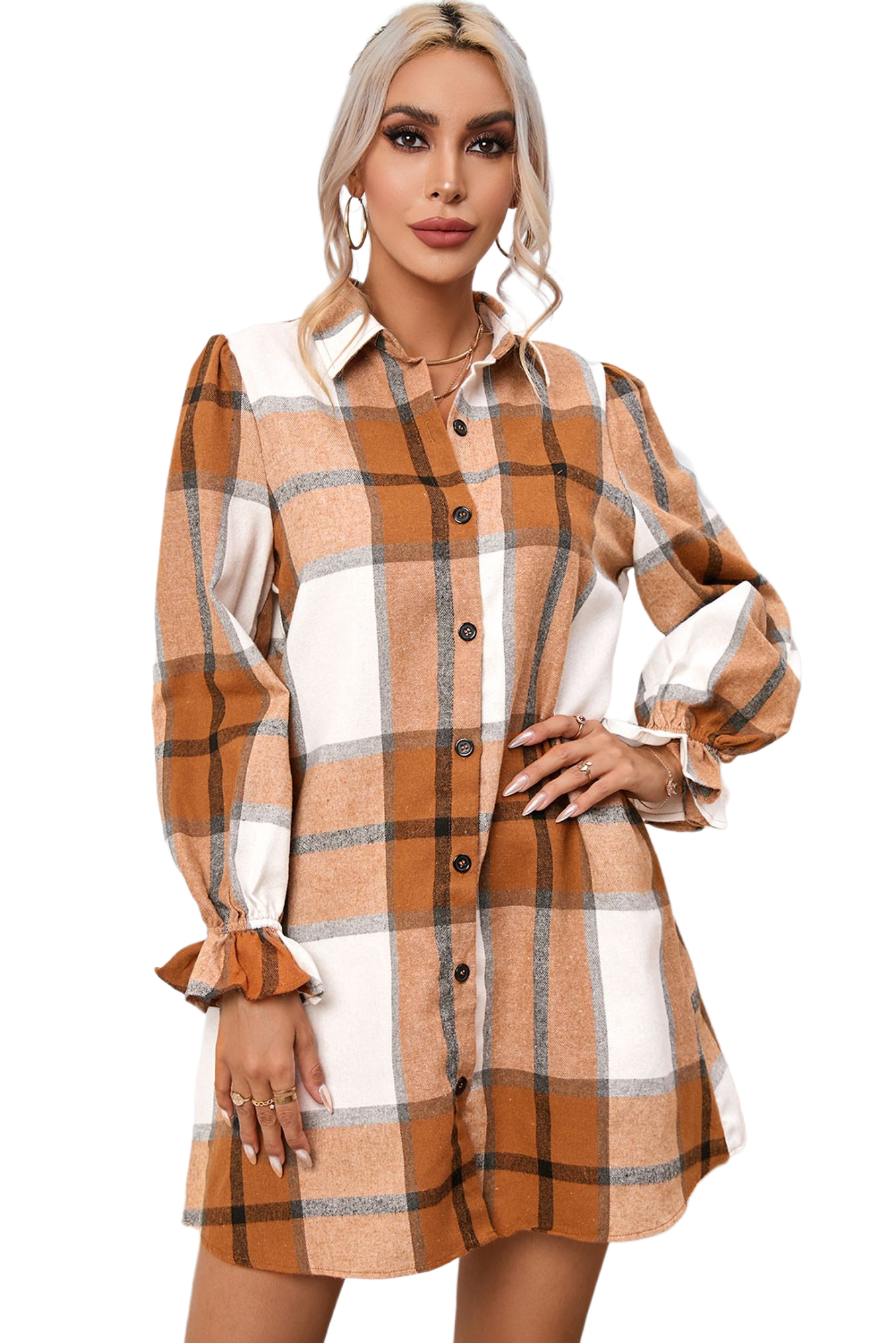 Plaid Collared Neck Flounce Sleeve Shirt Dress