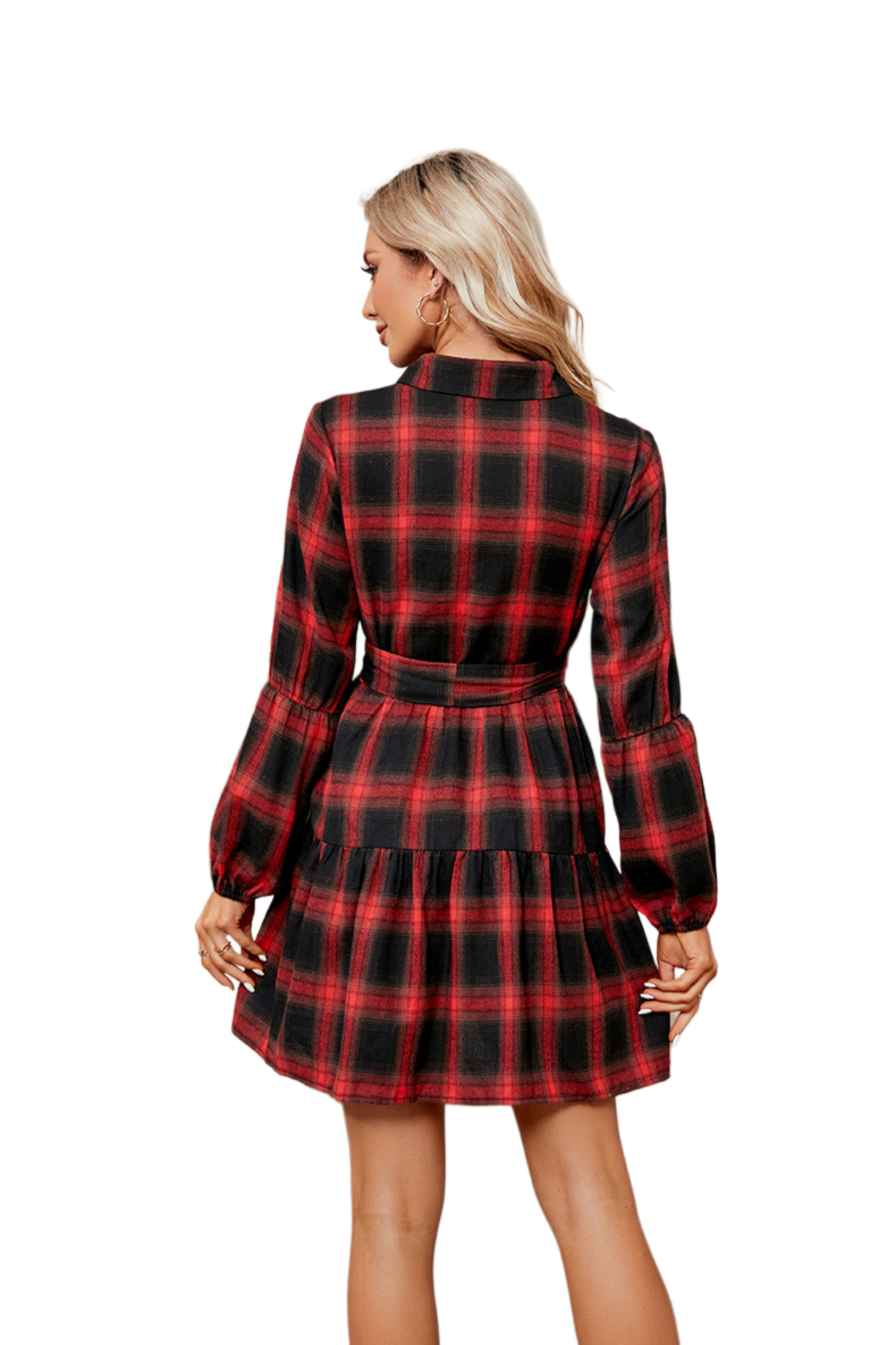 Plaid Print Tie Waist Collared Neck Shirt Dress