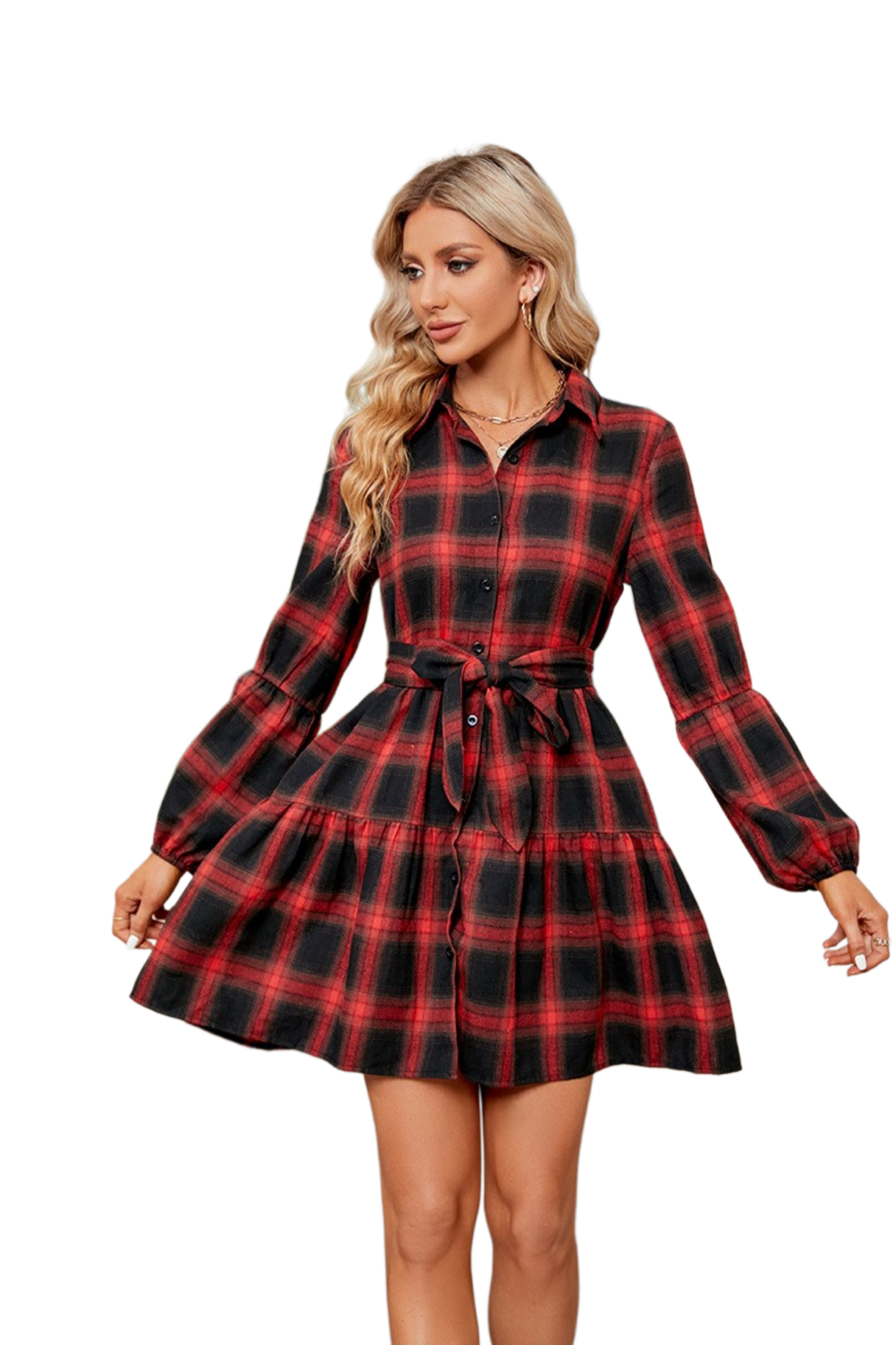 Plaid Print Tie Waist Collared Neck Shirt Dress