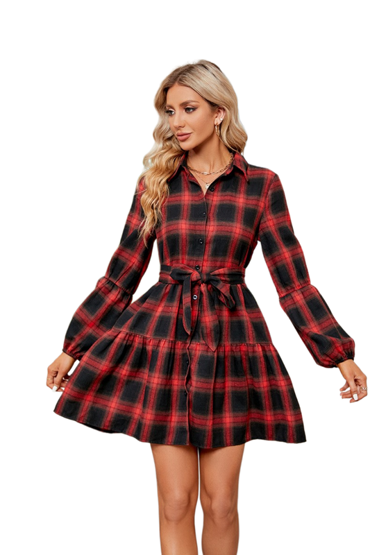 Plaid Print Tie Waist Collared Neck Shirt Dress