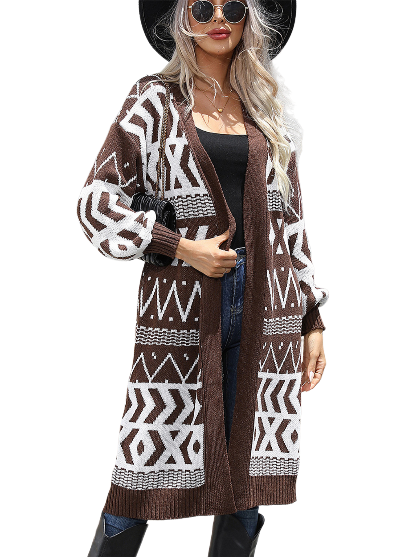 Geometric Open Front Longline Cardigan