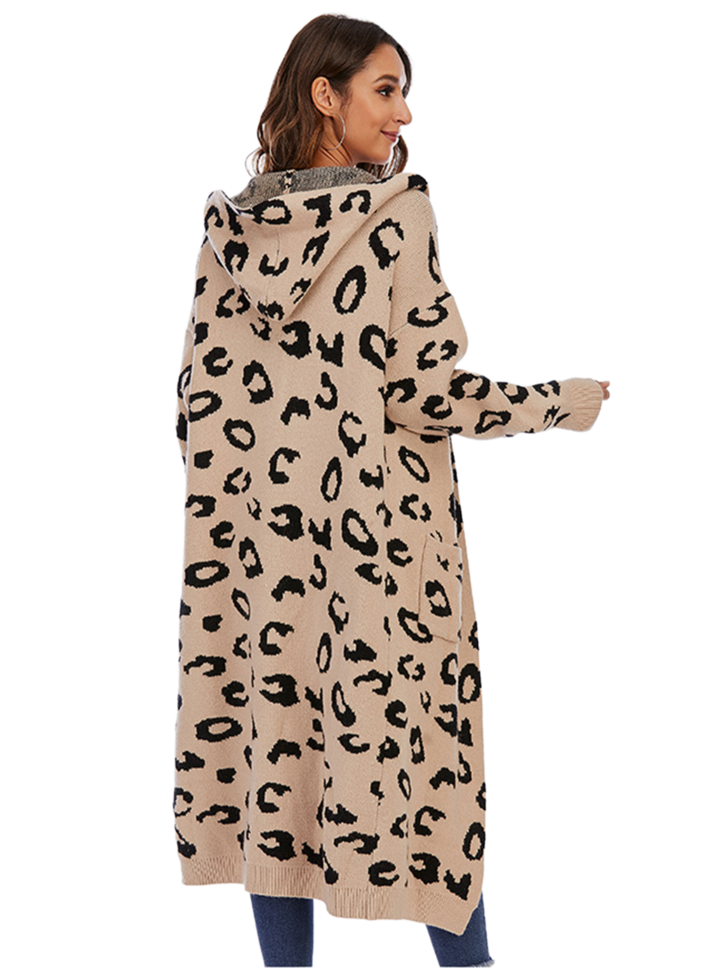 Leopard Hooded Cardigan with Pockets