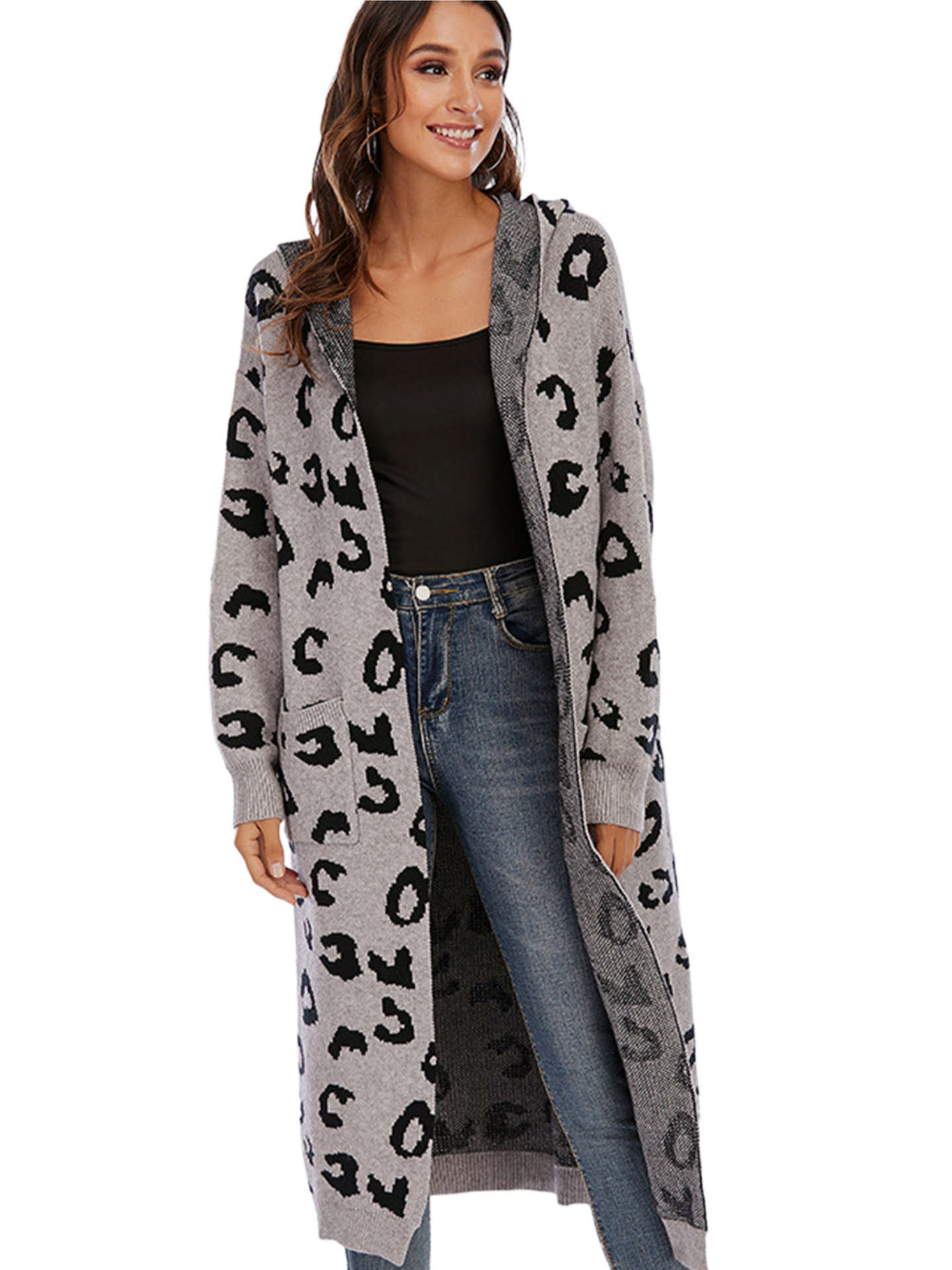 Leopard Hooded Cardigan with Pockets