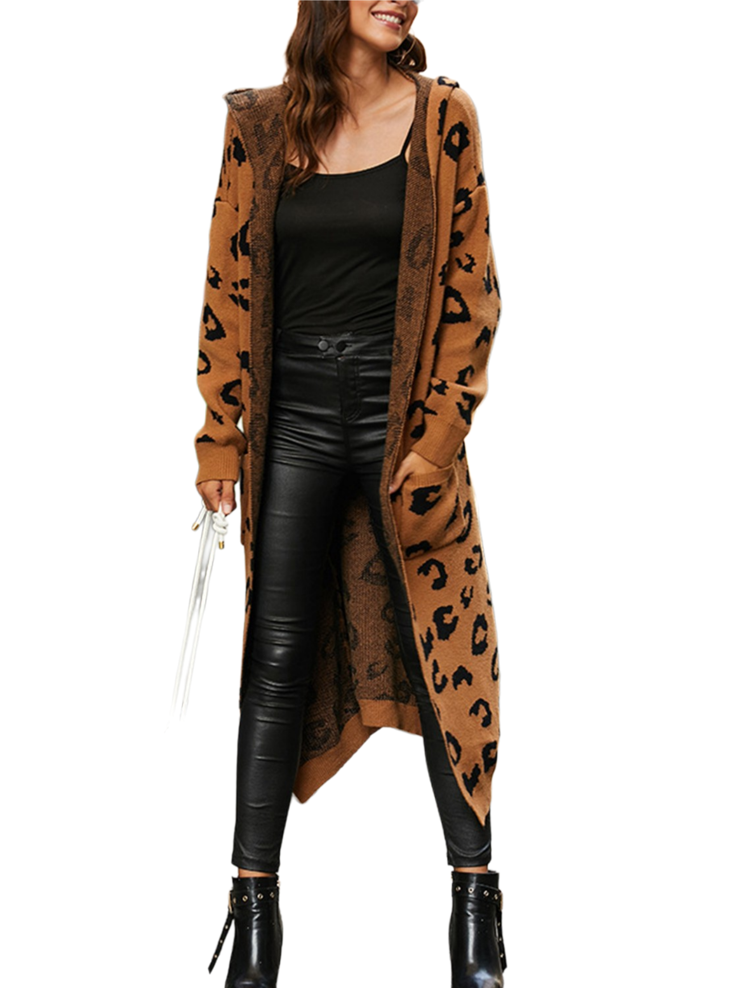 Leopard Hooded Cardigan with Pockets