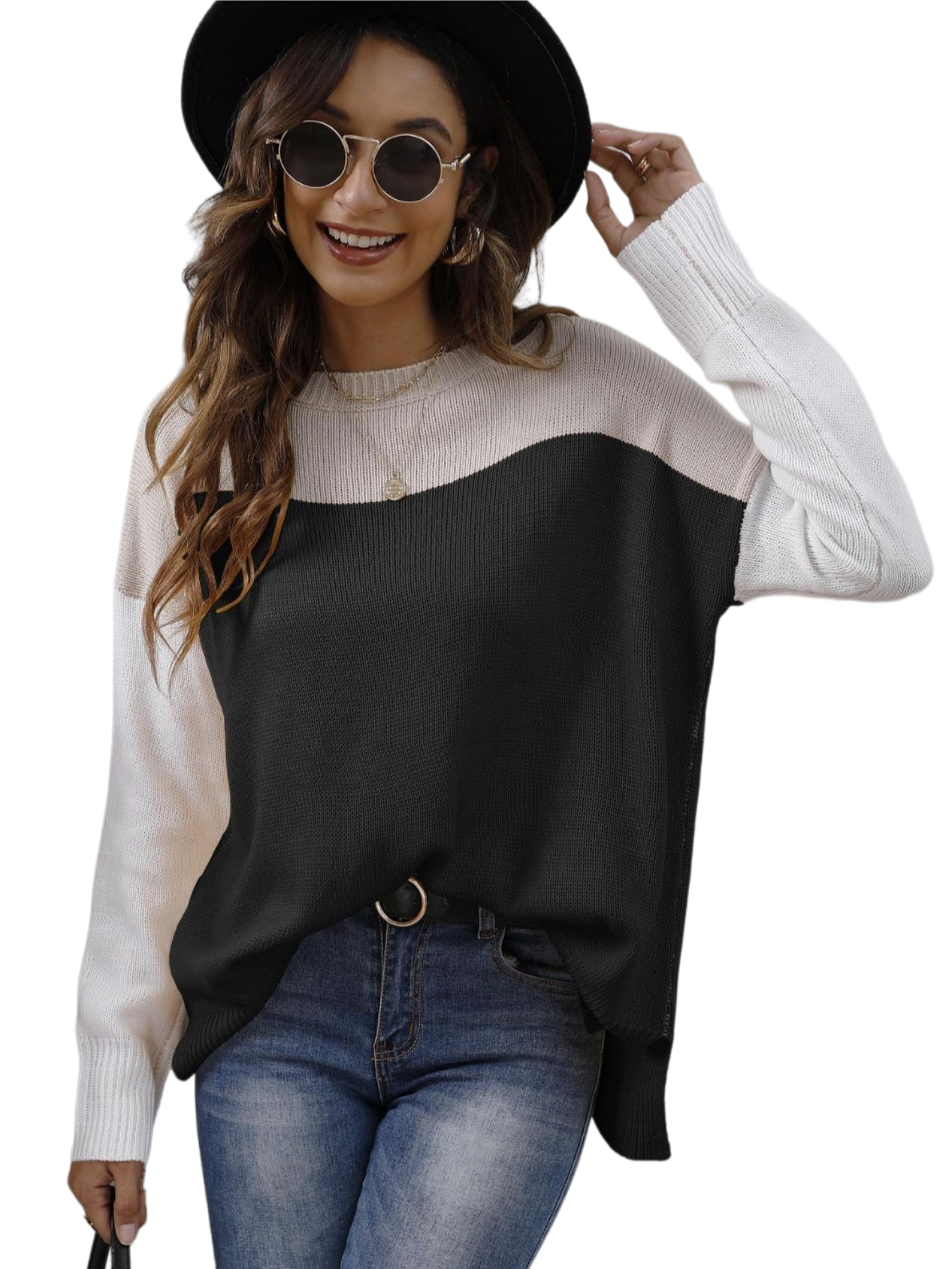 Color Block Round Neck Dropped Shoulder Sweater