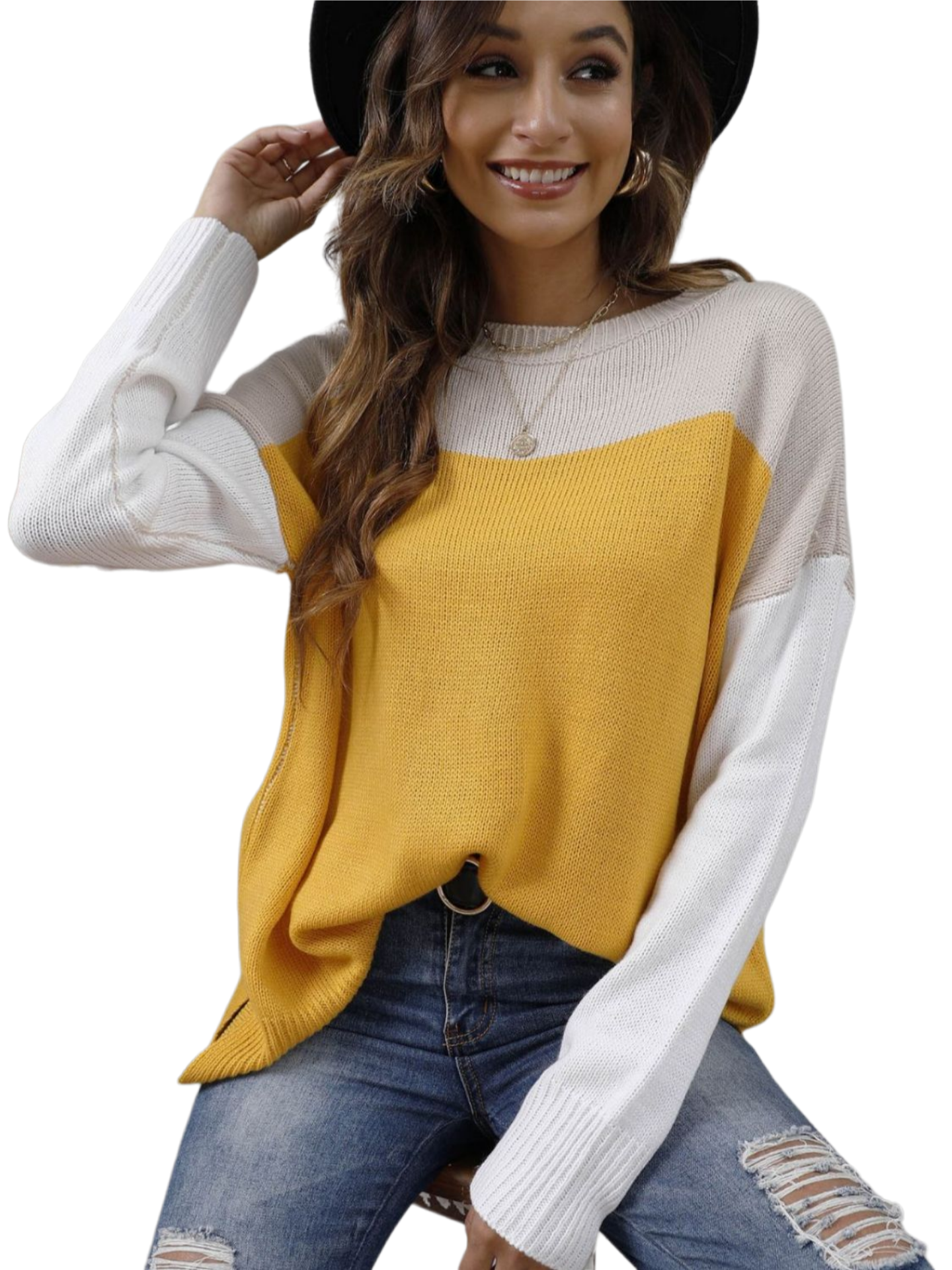 Color Block Round Neck Dropped Shoulder Sweater