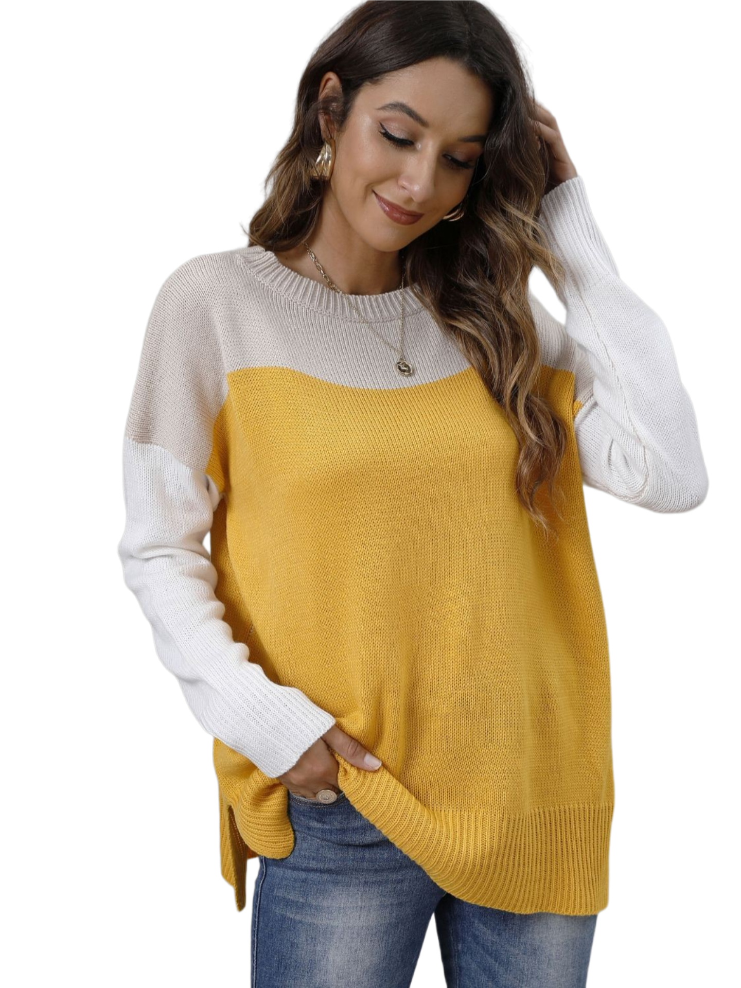 Color Block Round Neck Dropped Shoulder Sweater