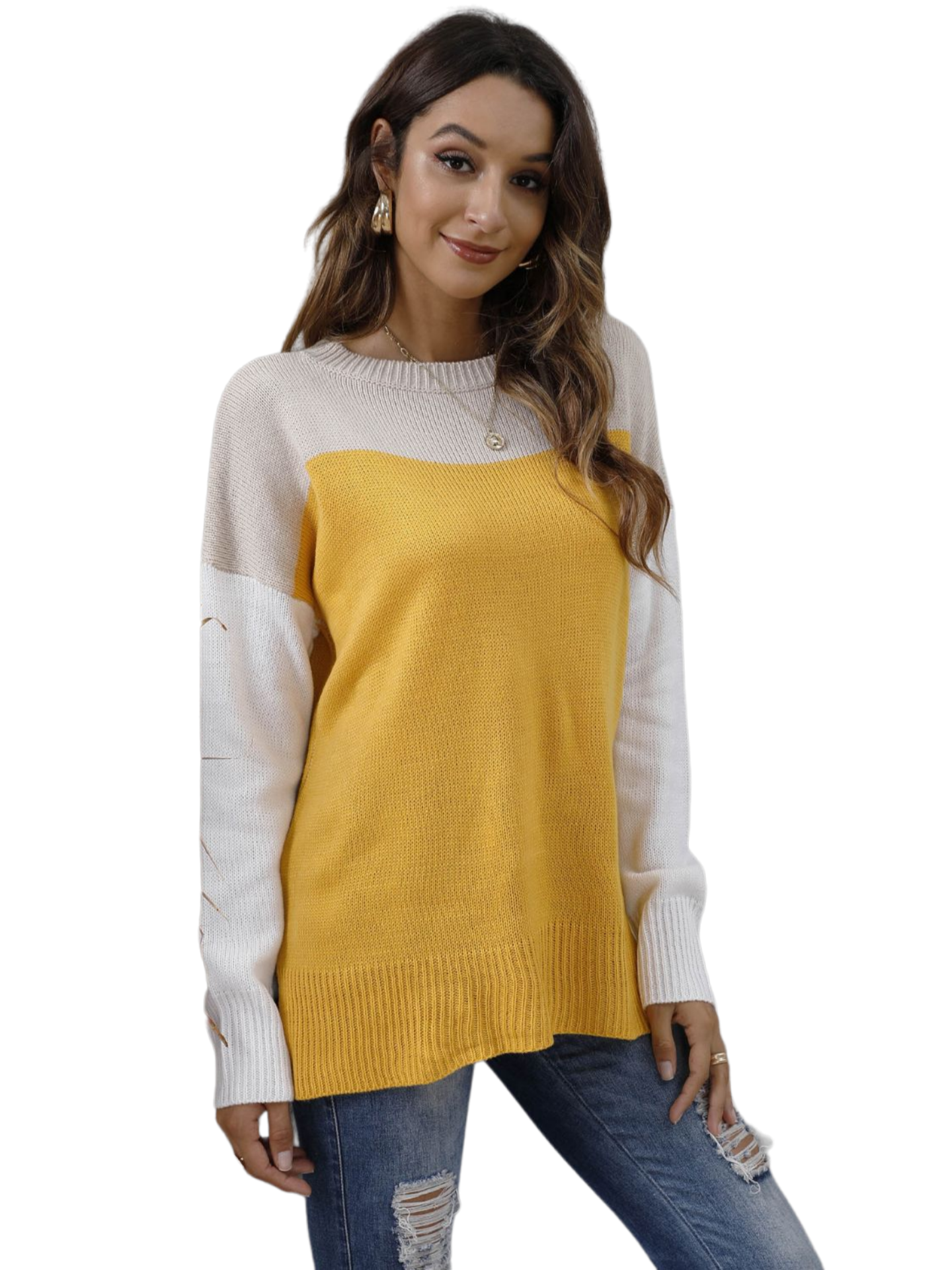 Color Block Round Neck Dropped Shoulder Sweater