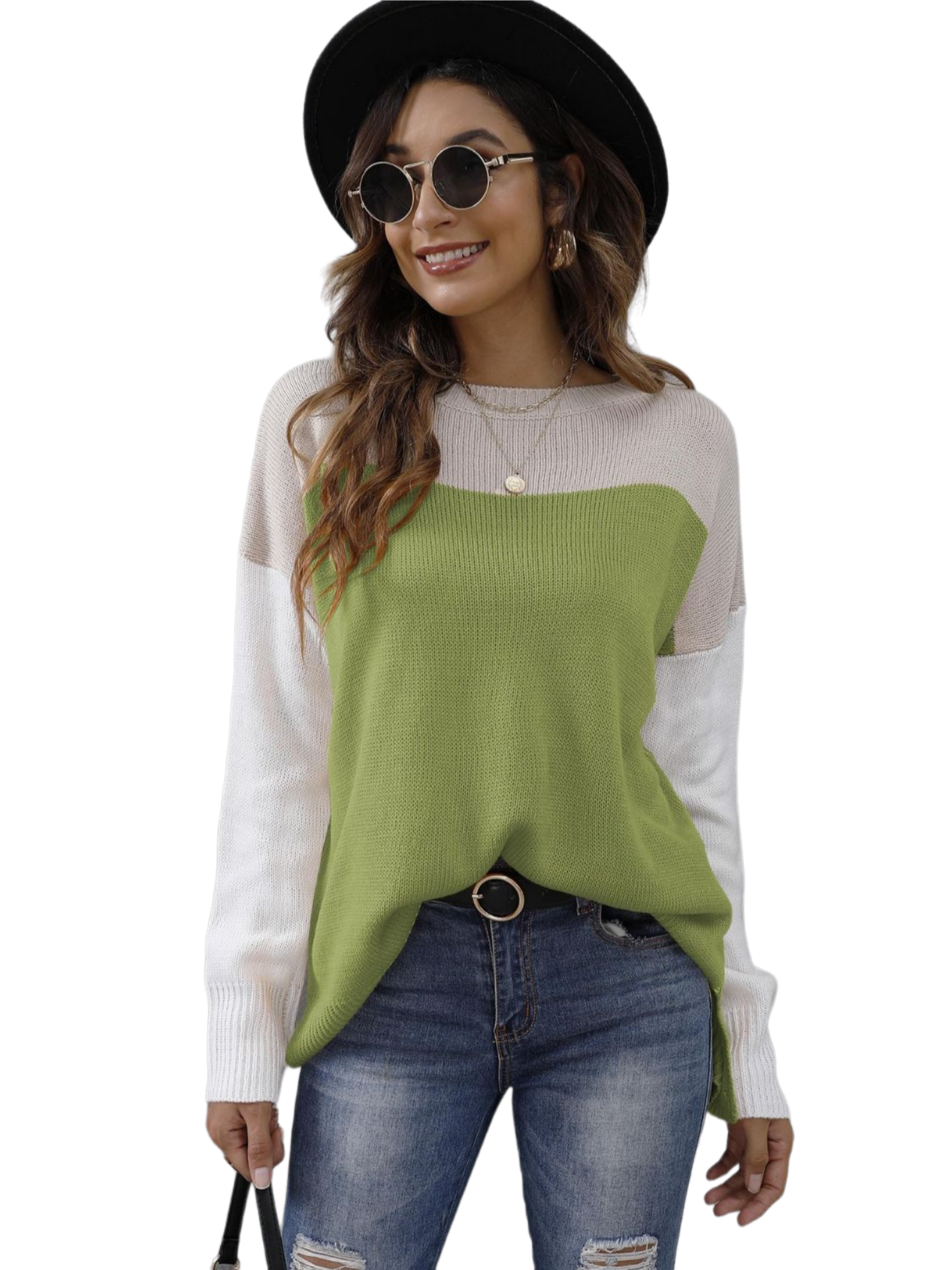 Color Block Round Neck Dropped Shoulder Sweater