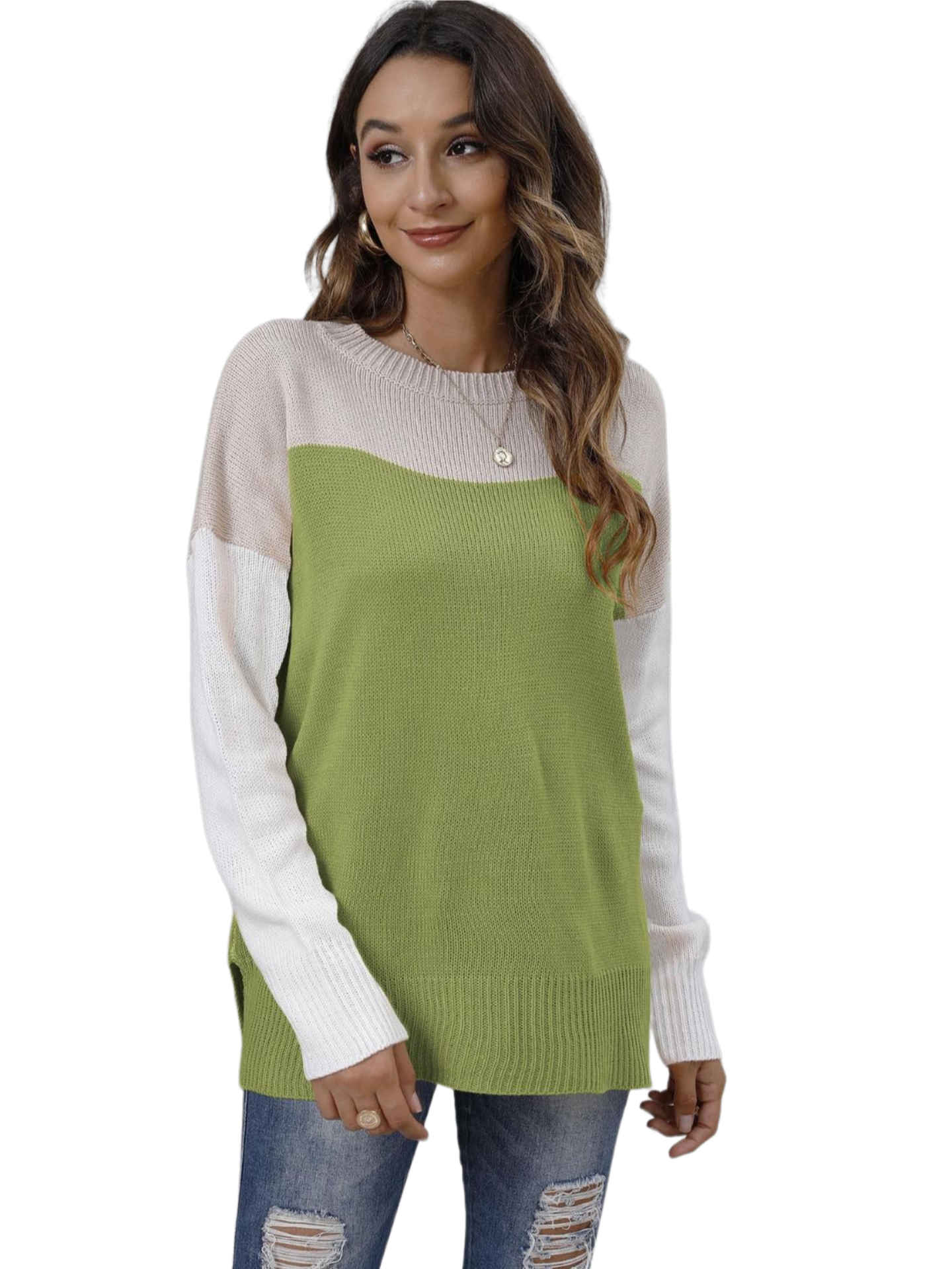 Color Block Round Neck Dropped Shoulder Sweater