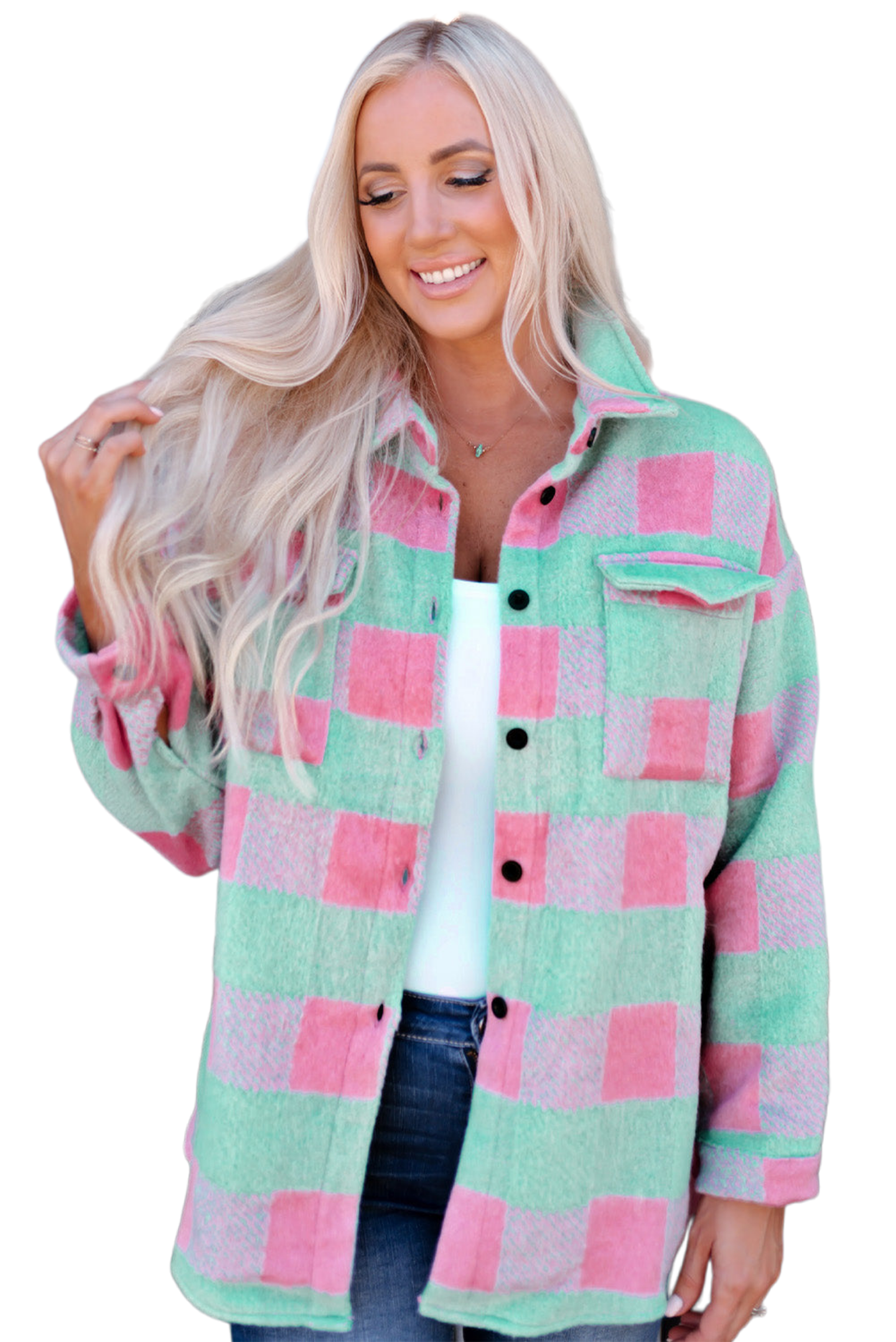 Plaid Button Front Dropped Shoulder Shacket