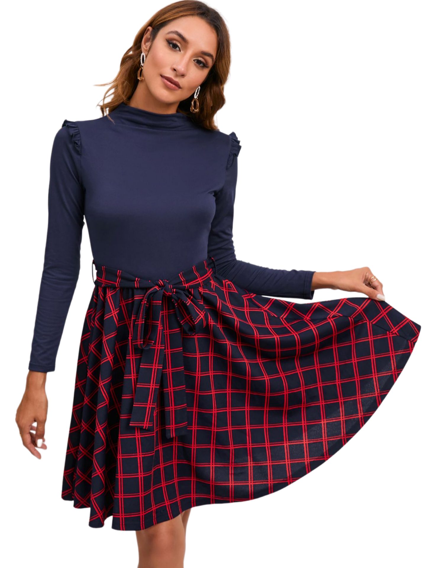 Plaid Tie Waist Ruffle Shoulder Dress