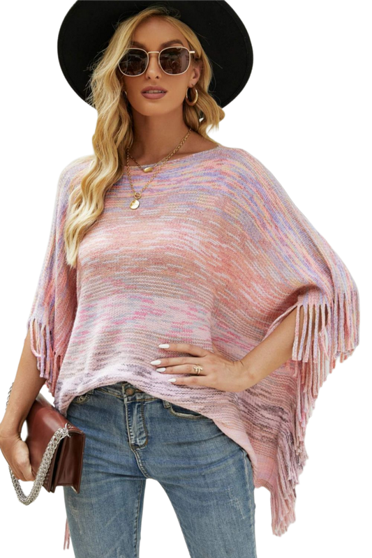 Round Neck Fringe Detail Poncho