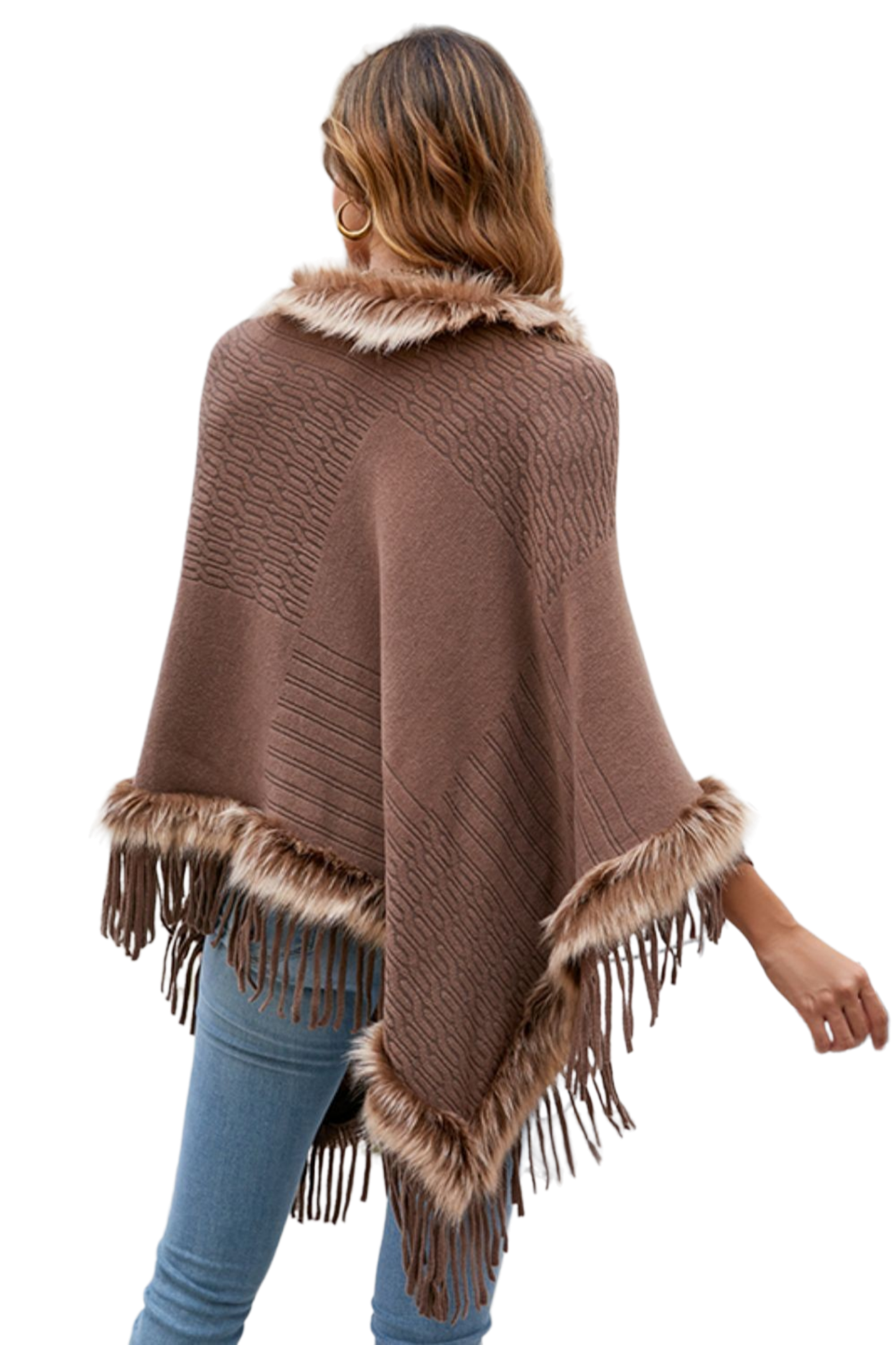 Faux Fur Trim Fringed Poncho