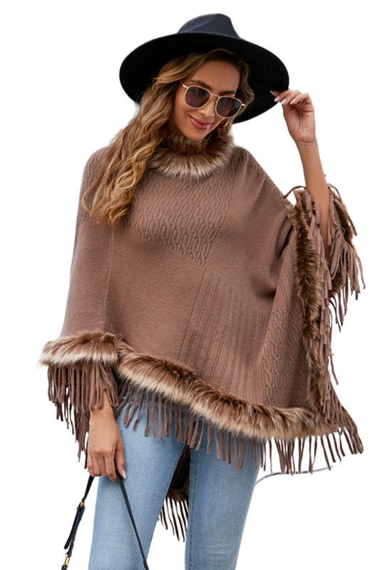 Faux Fur Trim Fringed Poncho