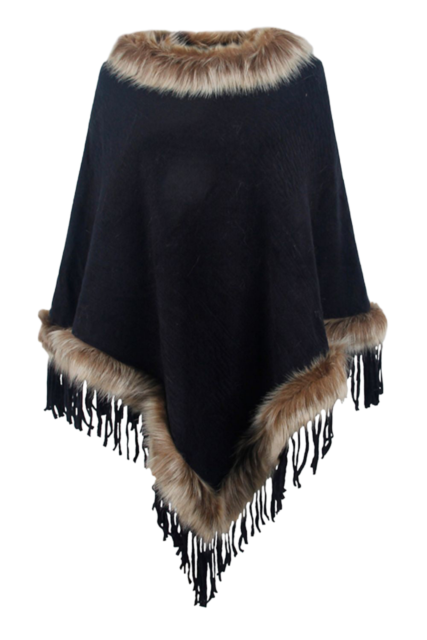 Faux Fur Trim Fringed Poncho