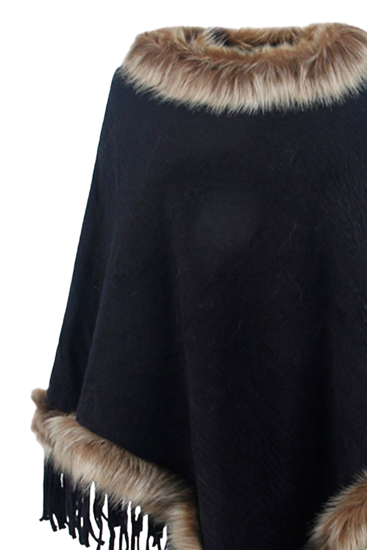 Faux Fur Trim Fringed Poncho