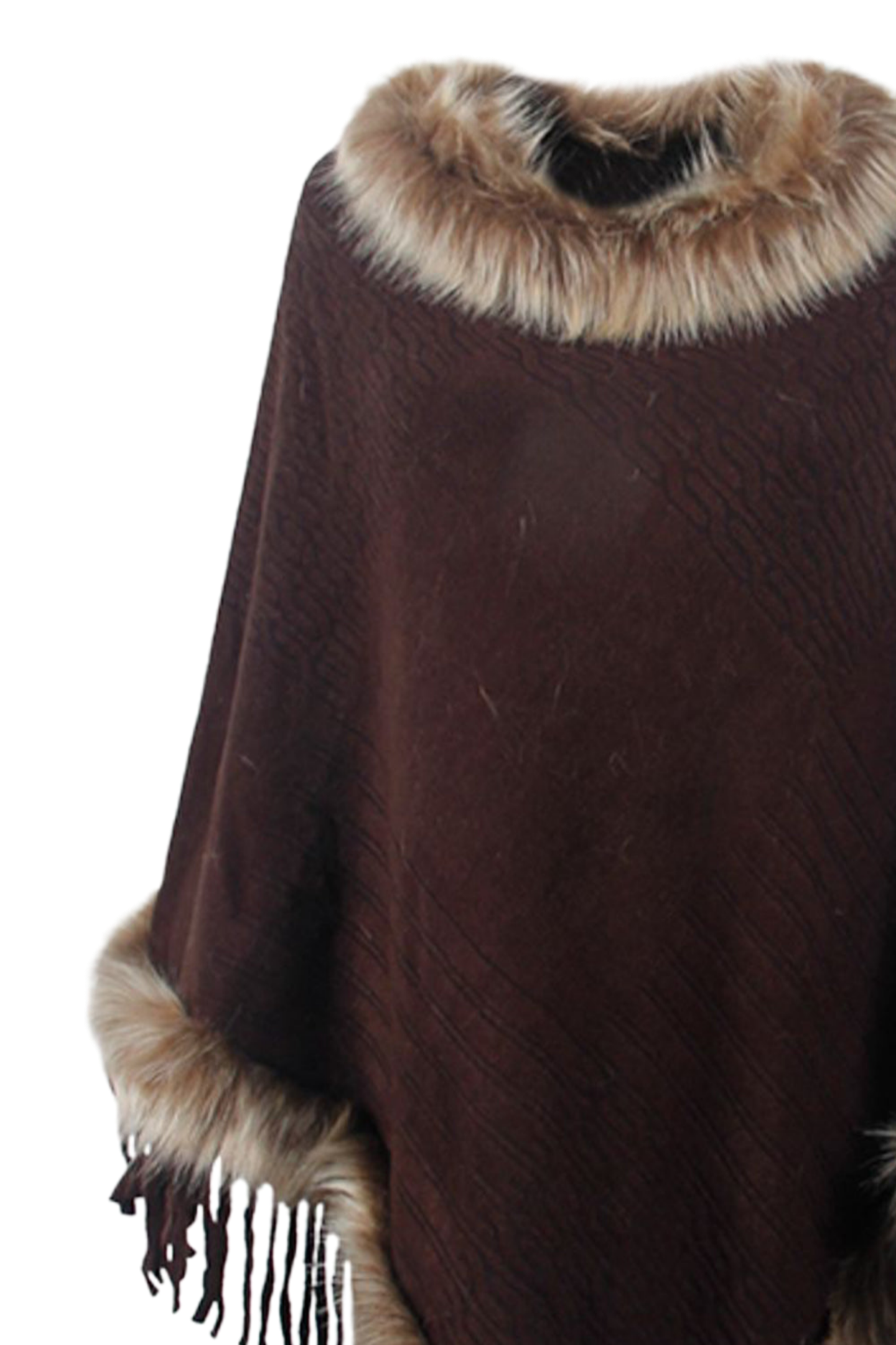 Faux Fur Trim Fringed Poncho