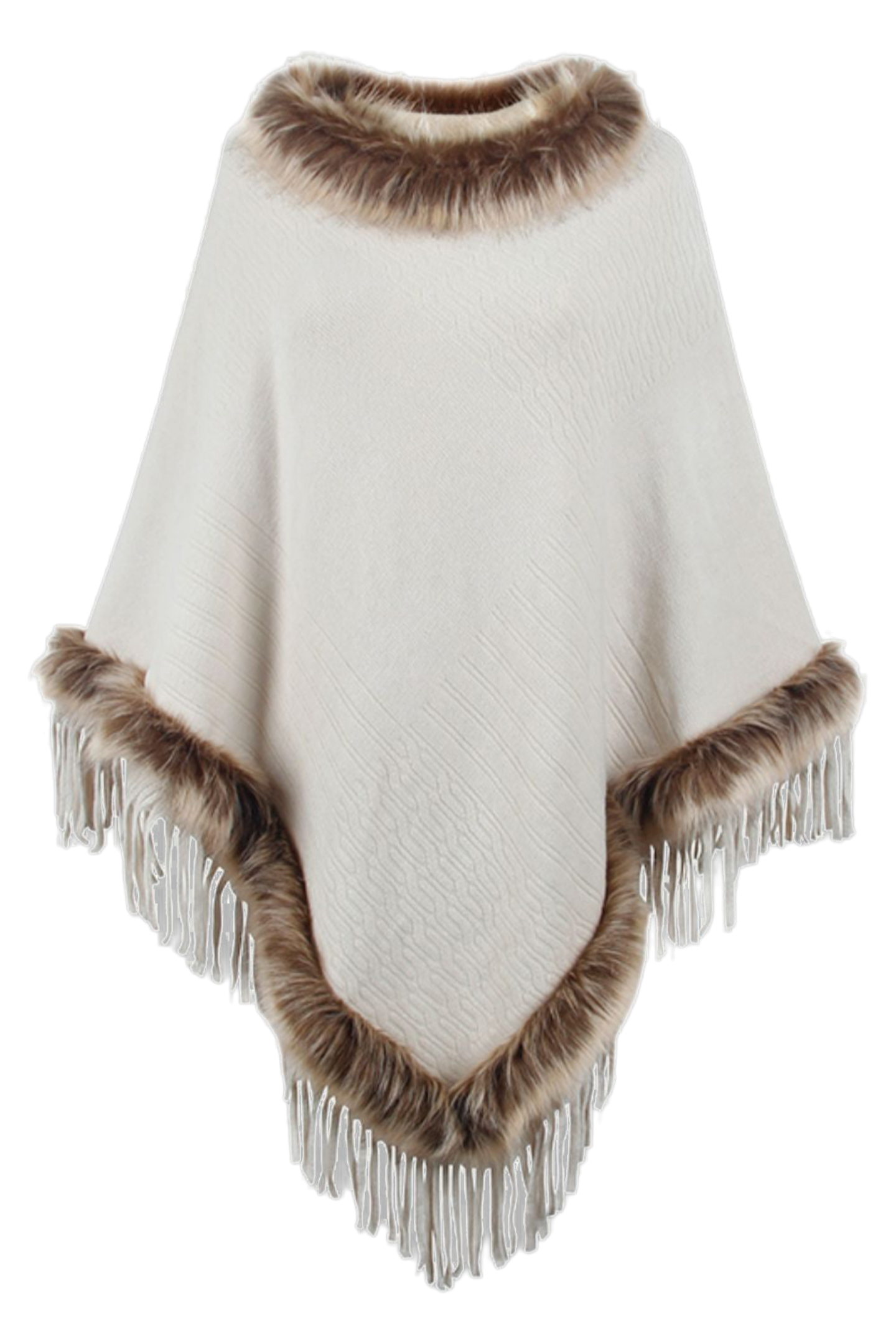 Faux Fur Trim Fringed Poncho